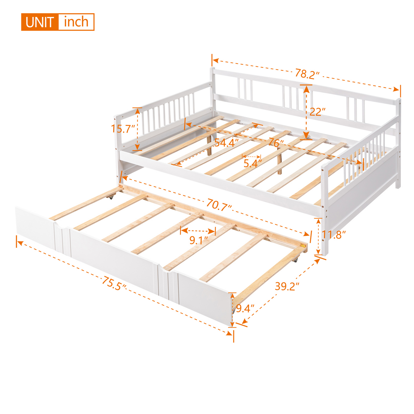 Full Size Daybed Wood Bed with Twin Size Trundle,White