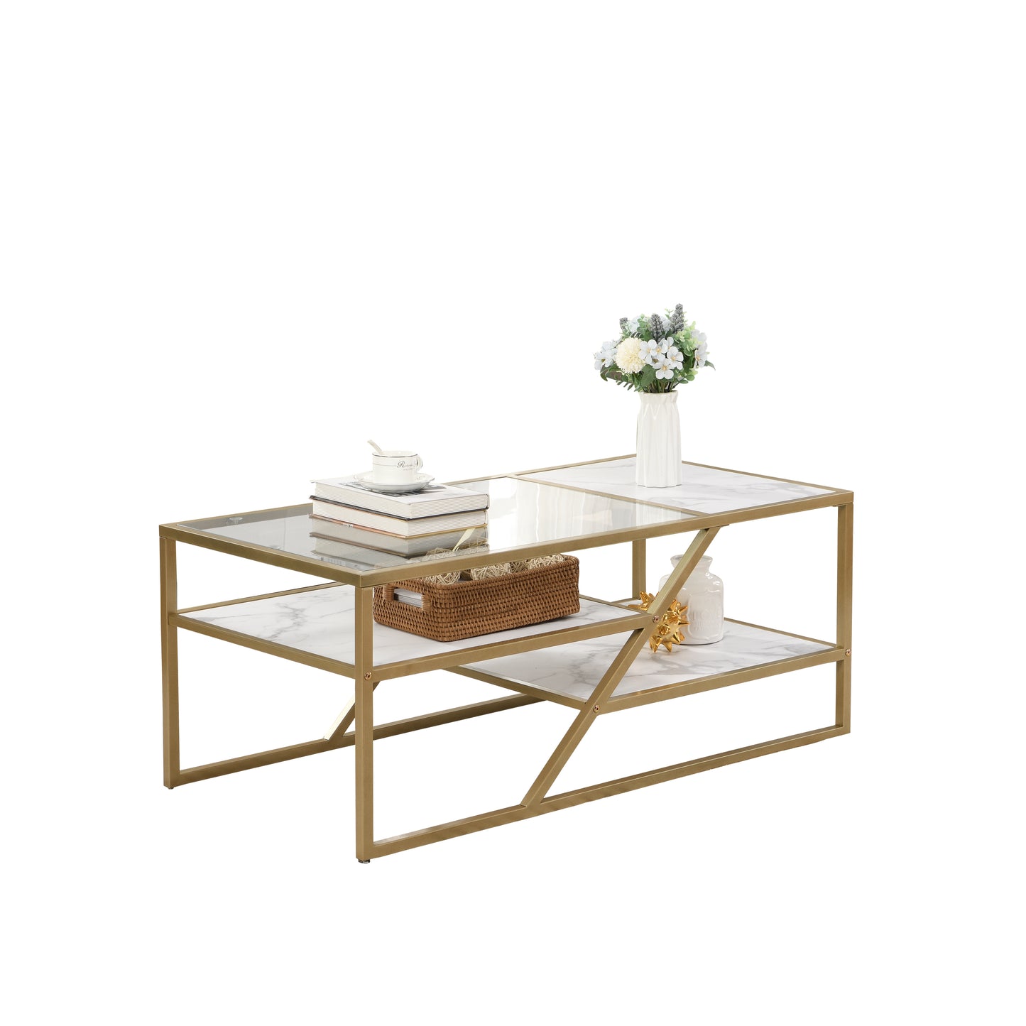 Golden Glass and Metal Coffee Table with Storage Shelf for Living Room or Bedroom