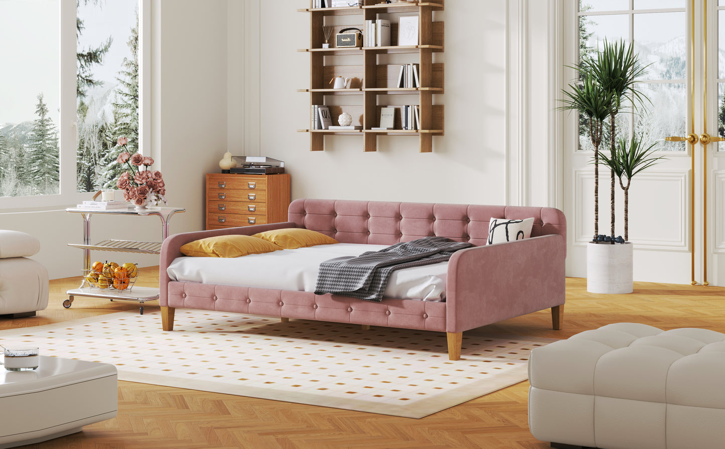 Full Size Upholstered Daybed with 4 Support Legs,Pink