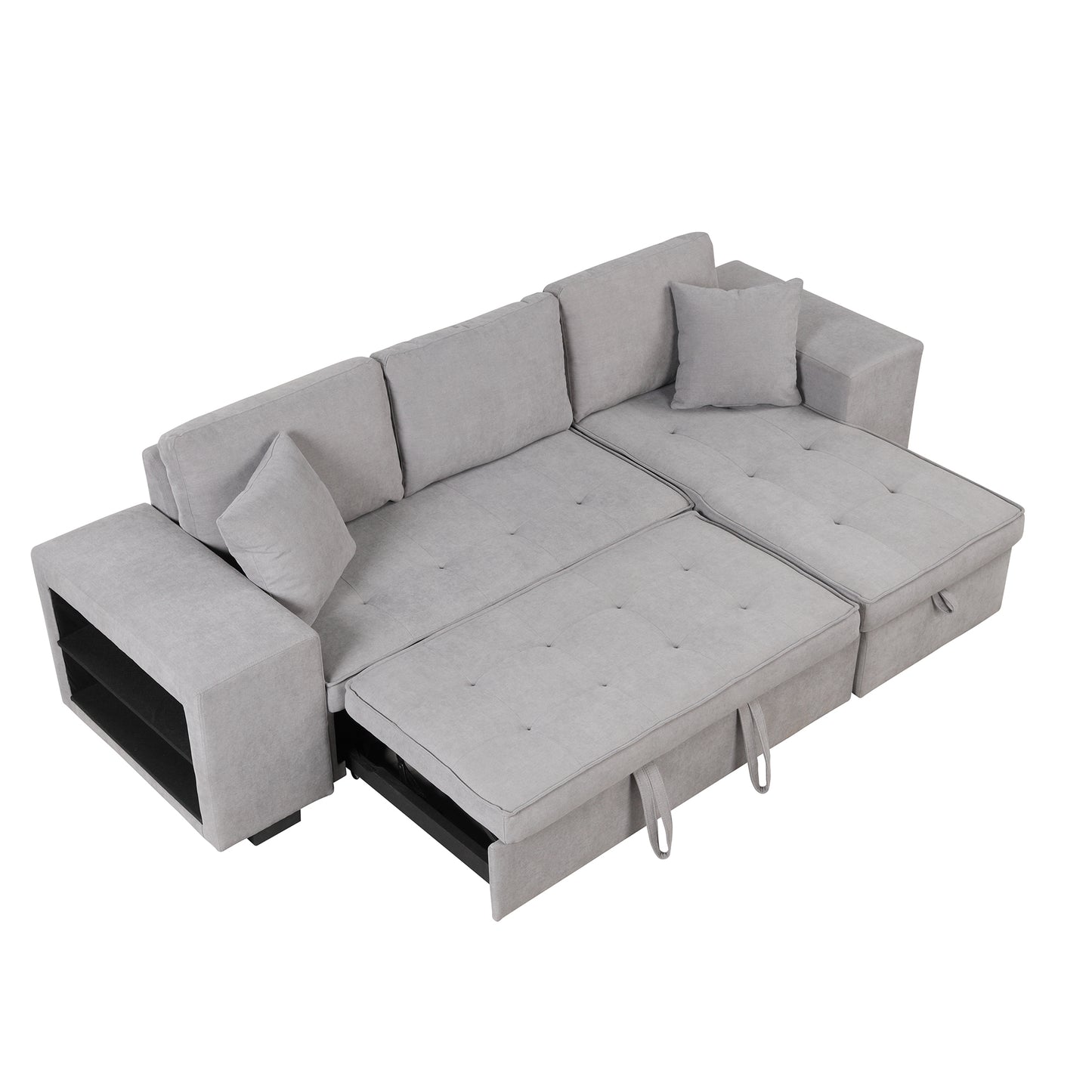 Gray L-Shape Sleeper Sectional Sofa with Storage Chaise and 2 Stools