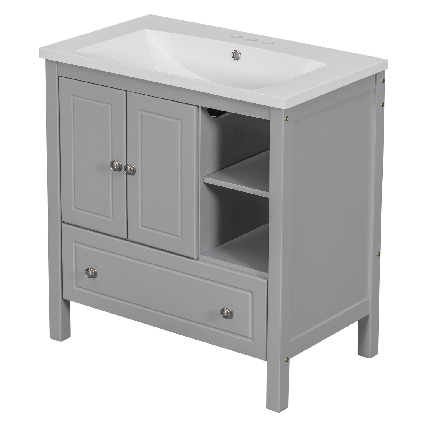 30" Bathroom Vanity with Sink, Bathroom Storage Cabinet with Doors and Drawers, Solid Wood Frame, Ceramic Sink, Grey