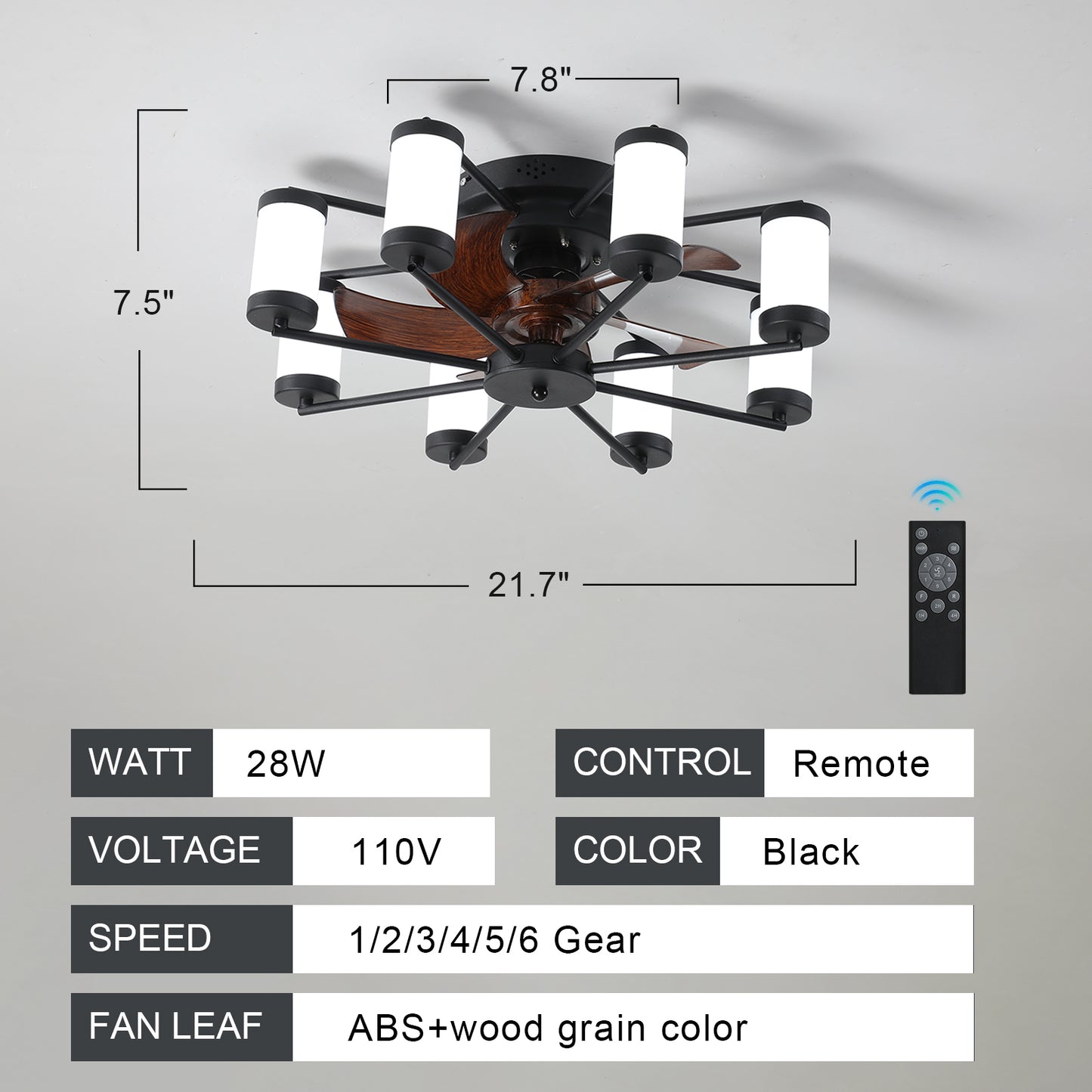 Windmill-inspired 21.7 inch Ceiling Fan Light - Flush Mount Fan with Remote Control, Timer, Black