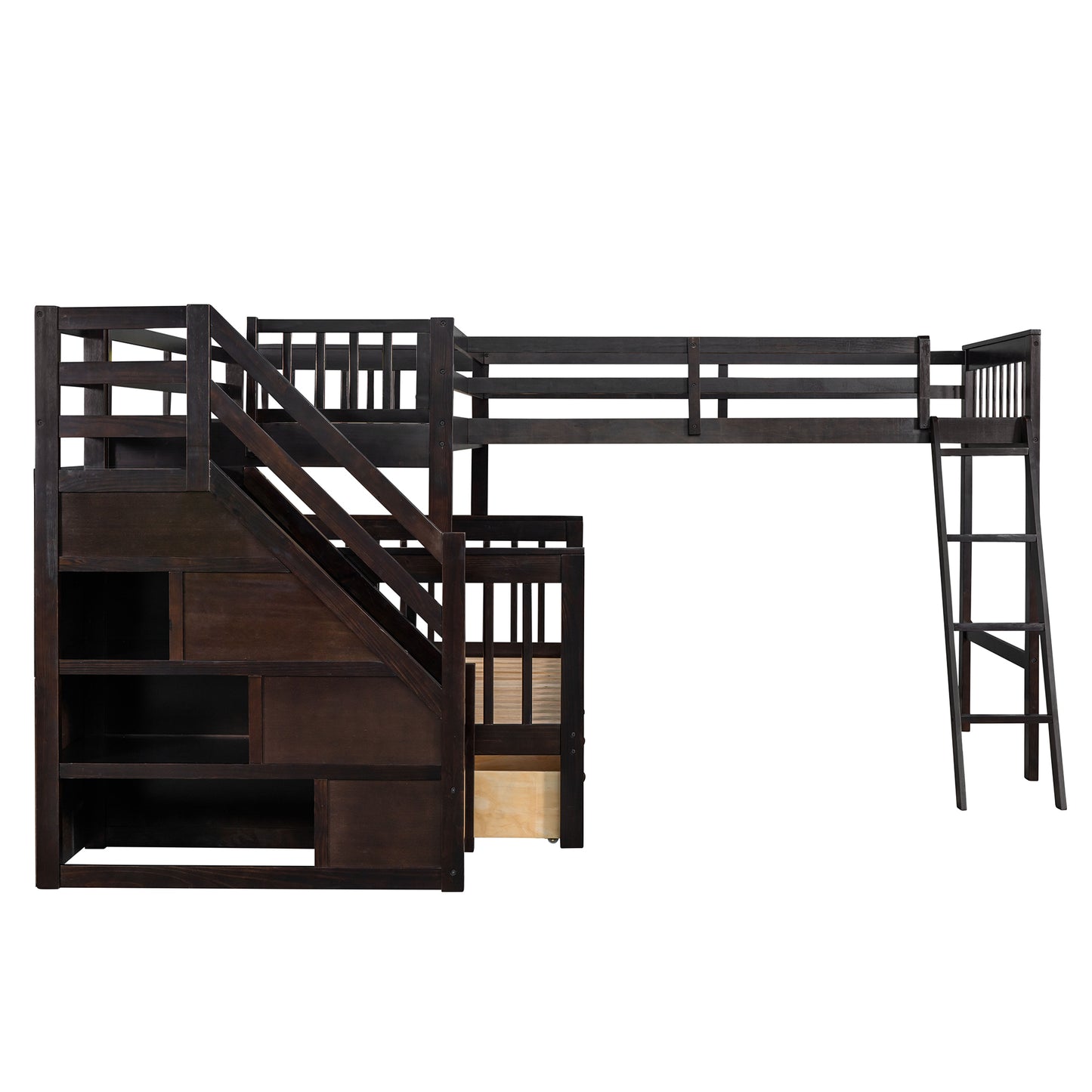 Espresso Twin over Full Bunk Bed with 3 Storage Drawers, Ladder, and Staircase