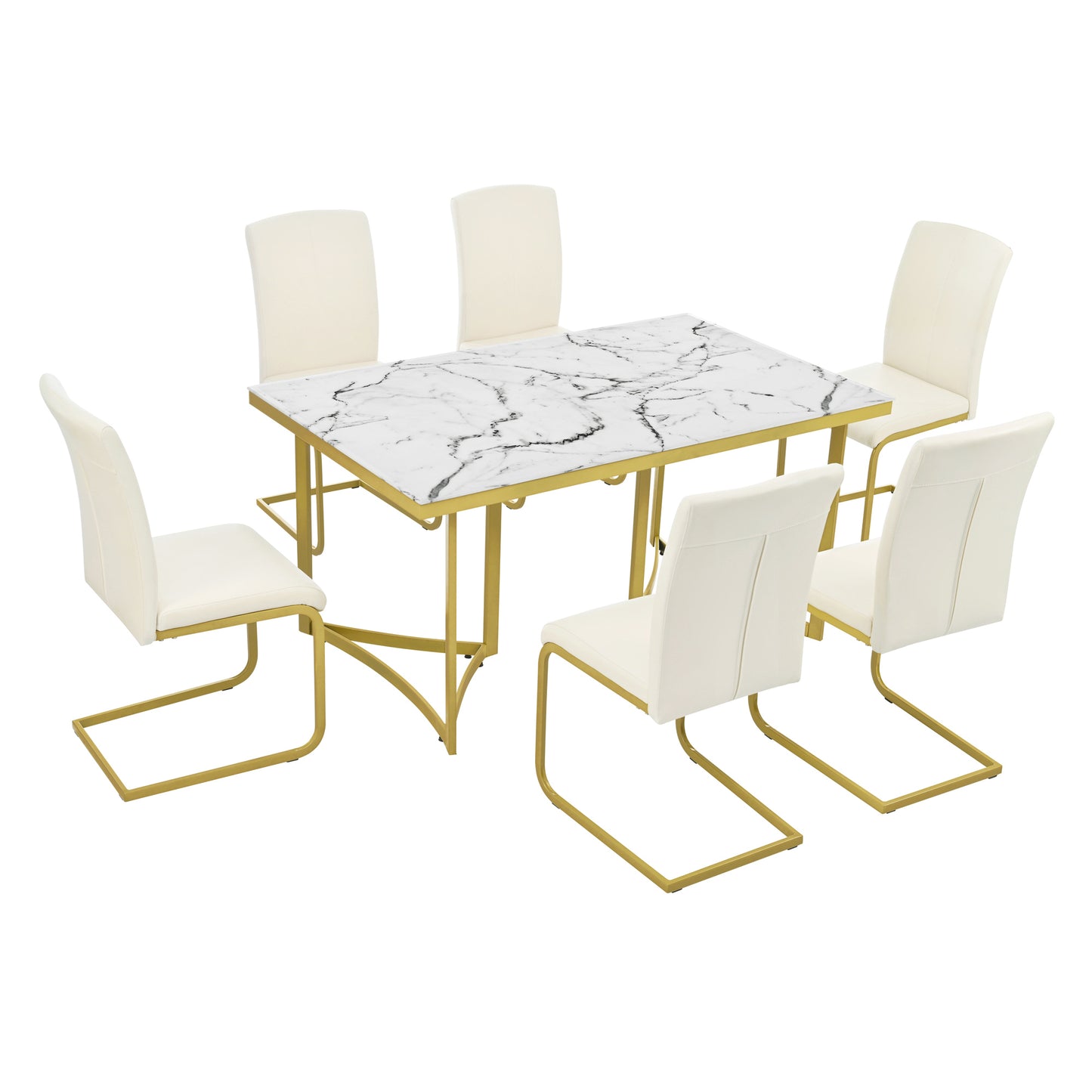 TREXM 7-Piece Modern Dining Table Set, Rectangular Marble Sticker Table and 6 PU Leather Chairs with Golden Steel Pipe Legs for Dining Room and Kitchen (White)