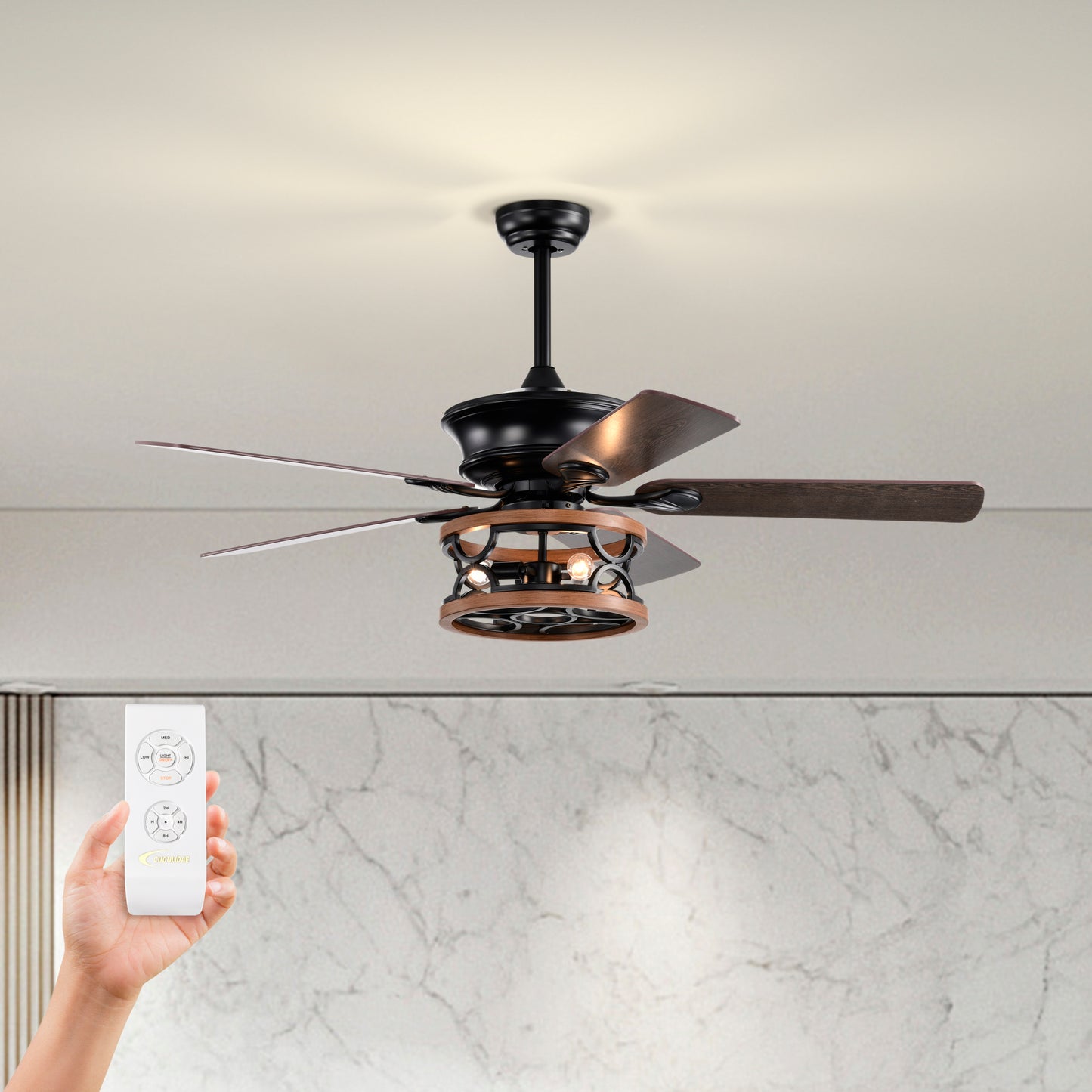 Farmhouse Ceiling Fan with Reversible Airflow, Remote Control, and Caged Light Fixture