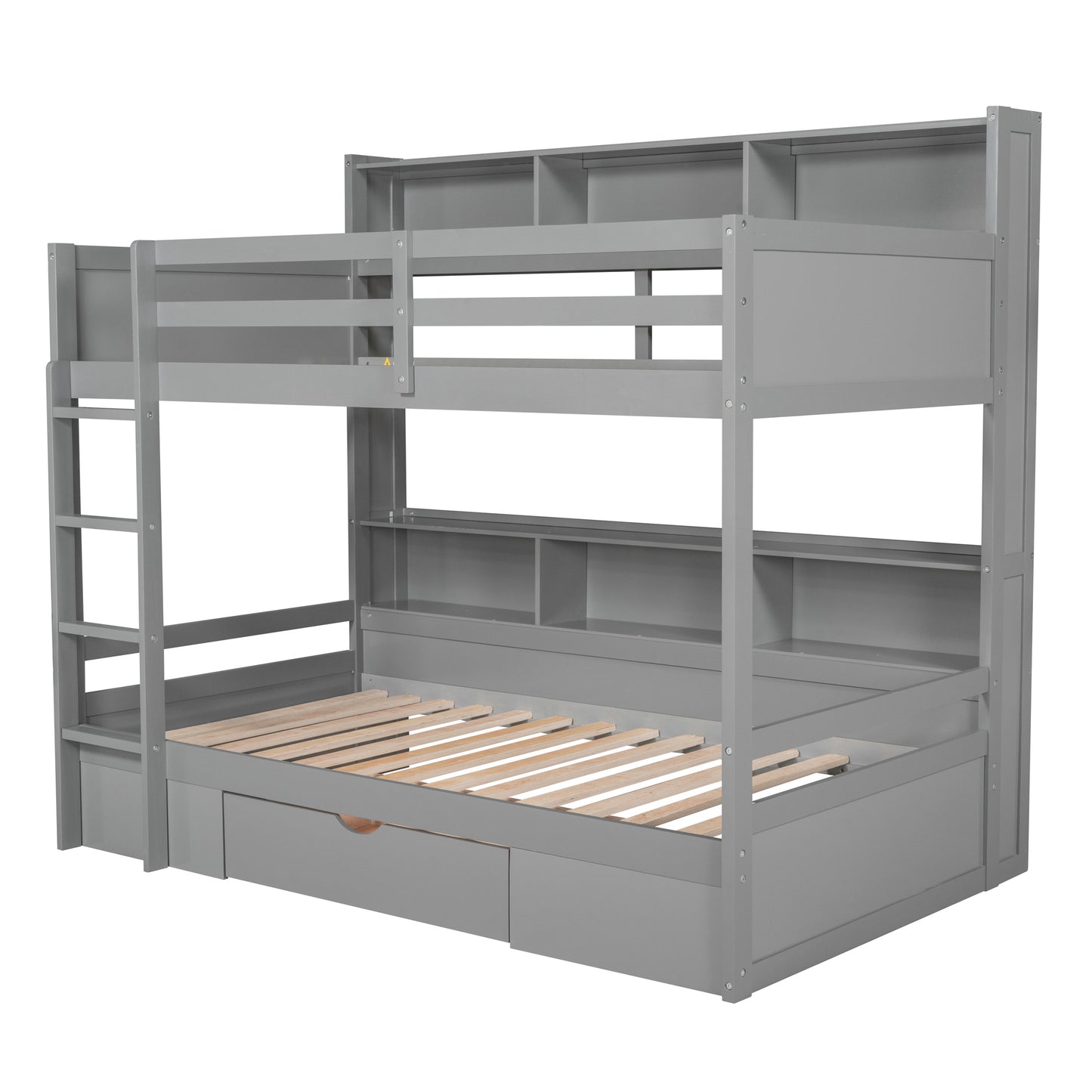 Twin Size Gray Bunk Bed with Storage Drawer and Built-in Shelves