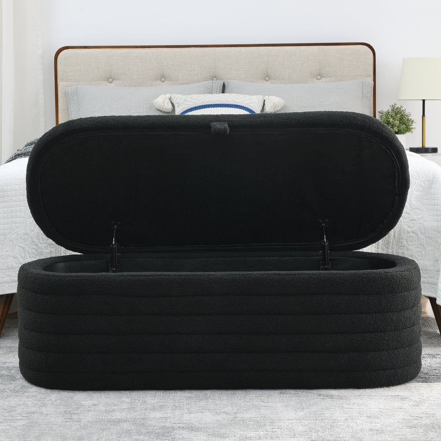 [Video] Welike Length 45.5 inchesStorage Ottoman Bench Upholstered Fabric Storage Bench End of Bed Stool with Safety Hinge for Bedroom, Living Room, Entryway, Black teddy.