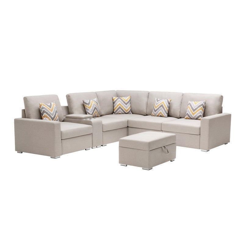 Nolan Beige Linen 7-Piece Sectional Sofa with Interchangeable Legs, Storage Ottoman, USB Charging Ports, and Cupholders