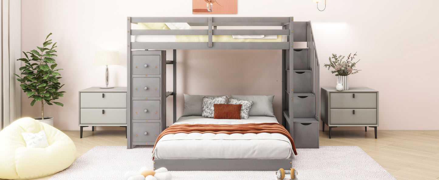 Space-Saving Gray Bunk Bed with Storage Stairs and Versatile Features