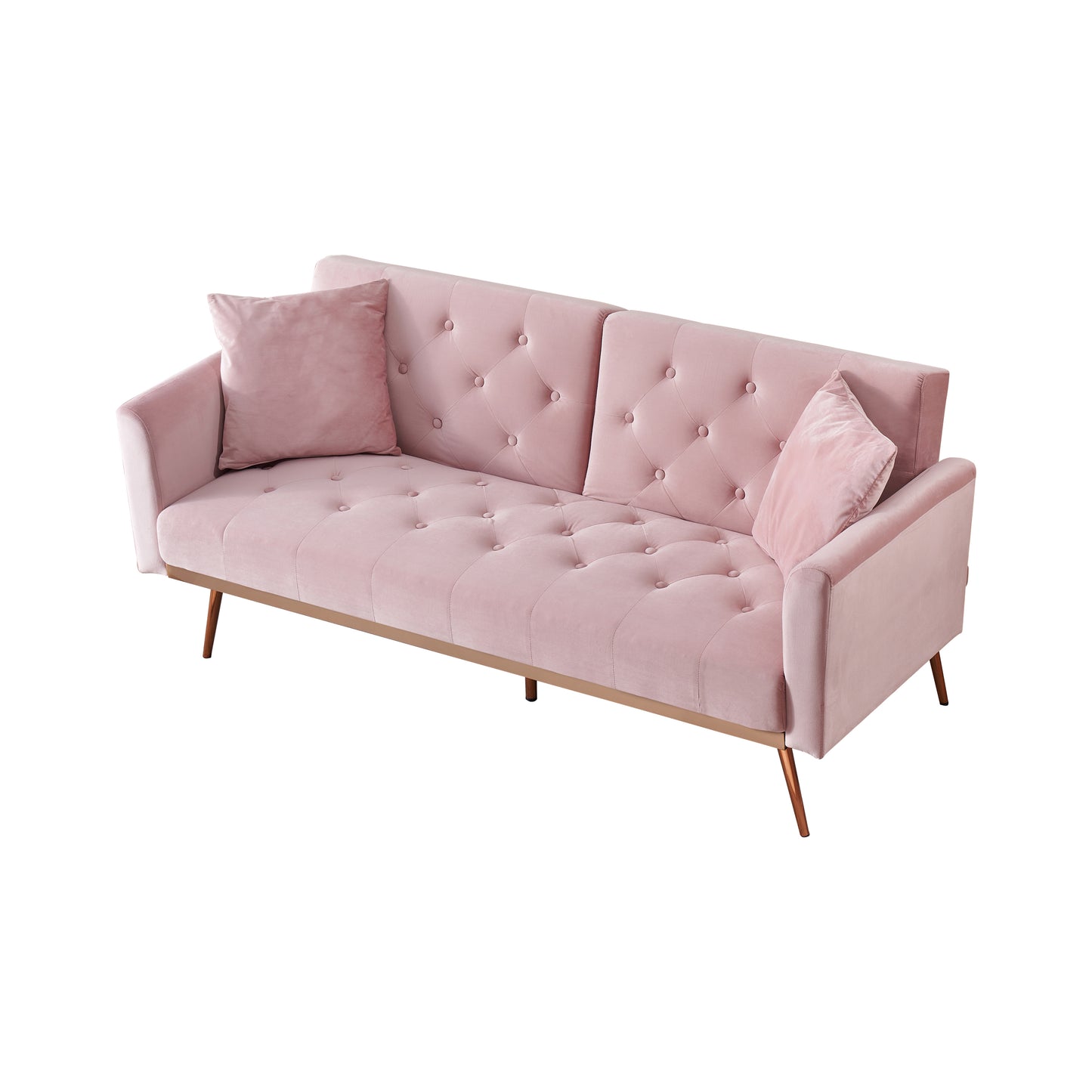 Elegant Pink Velvet Sofa Bed with Nail Head Accents and Throw Pillow