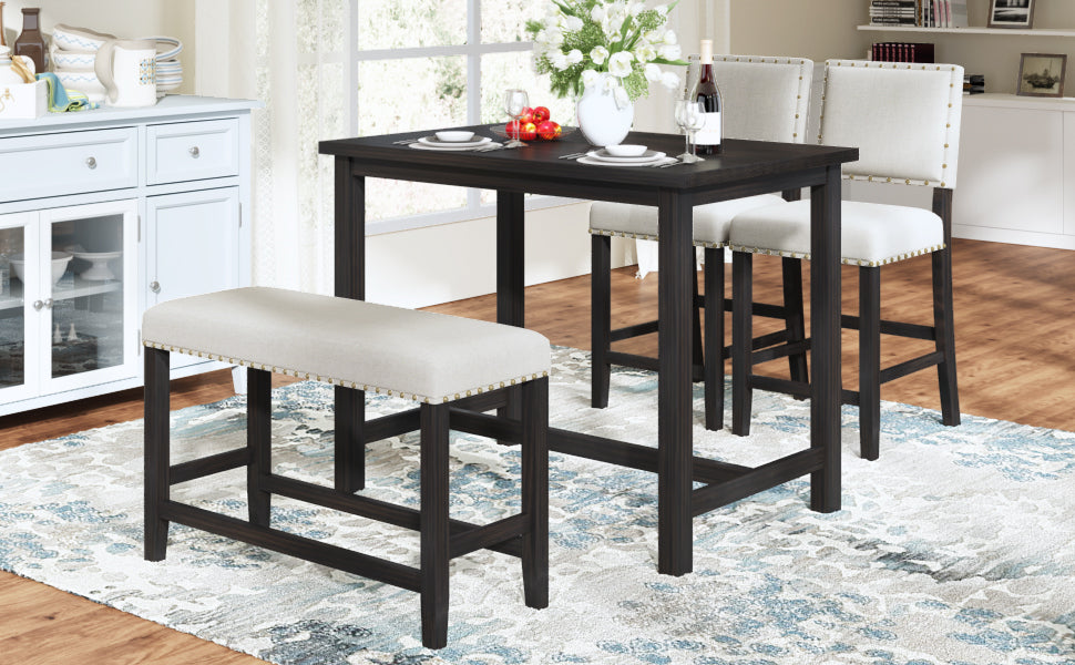 4 Piece Rustic Wooden Counter Height Dining Table Set with Upholstered Bench for Small Places, Espresso+ Beige