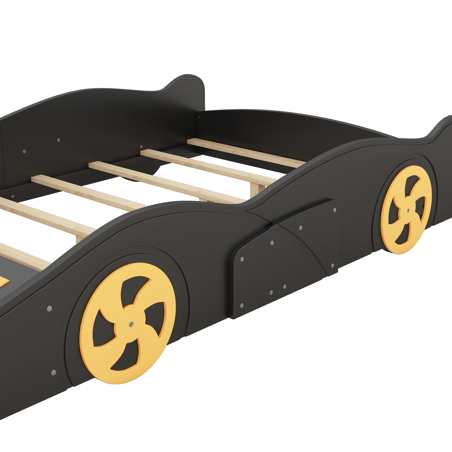 Full Size Race Car-Shaped Platform Bed with Wheels and Storage, Black+Yellow