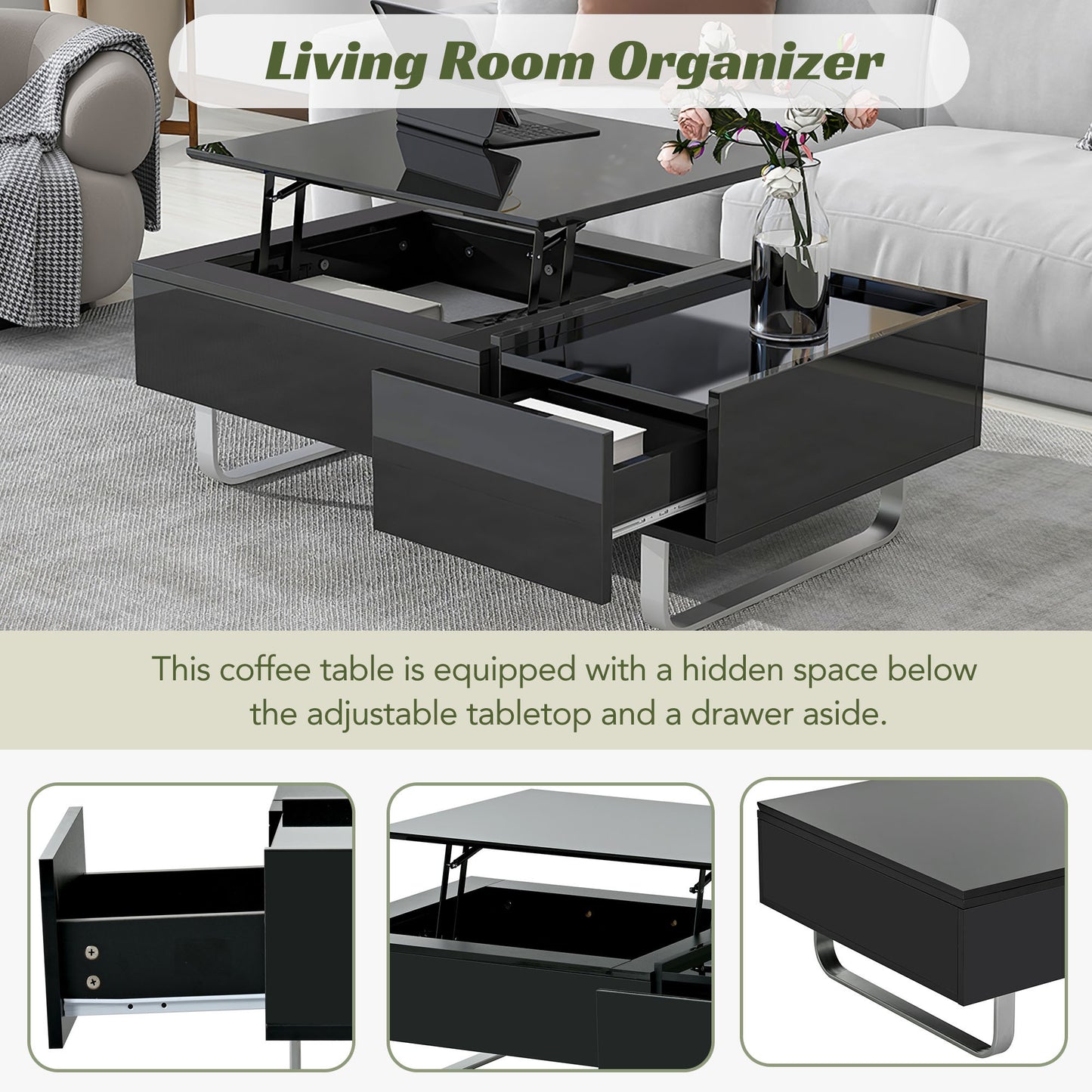 Convertible Lift-Top Coffee Table with Storage Drawer, Modern Black Cocktail Table