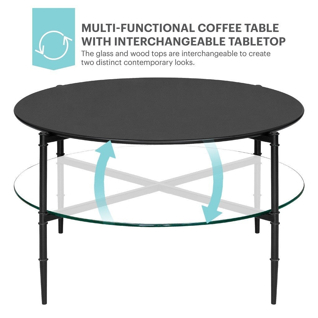 Versatile Round Coffee Table with Interchangeable Wood and Glass Top