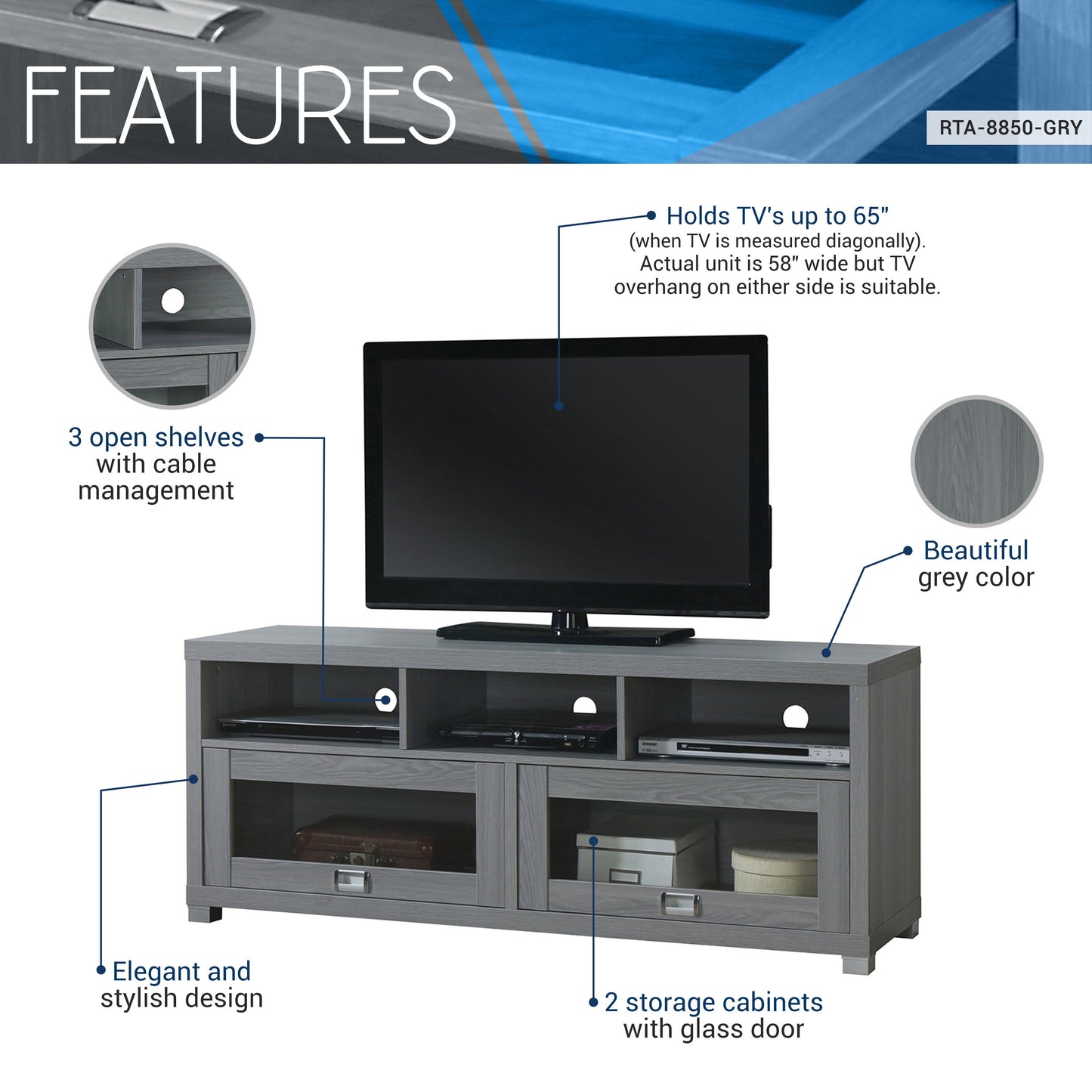 Durbin TV Cabinet for TVs up to 65in, Grey