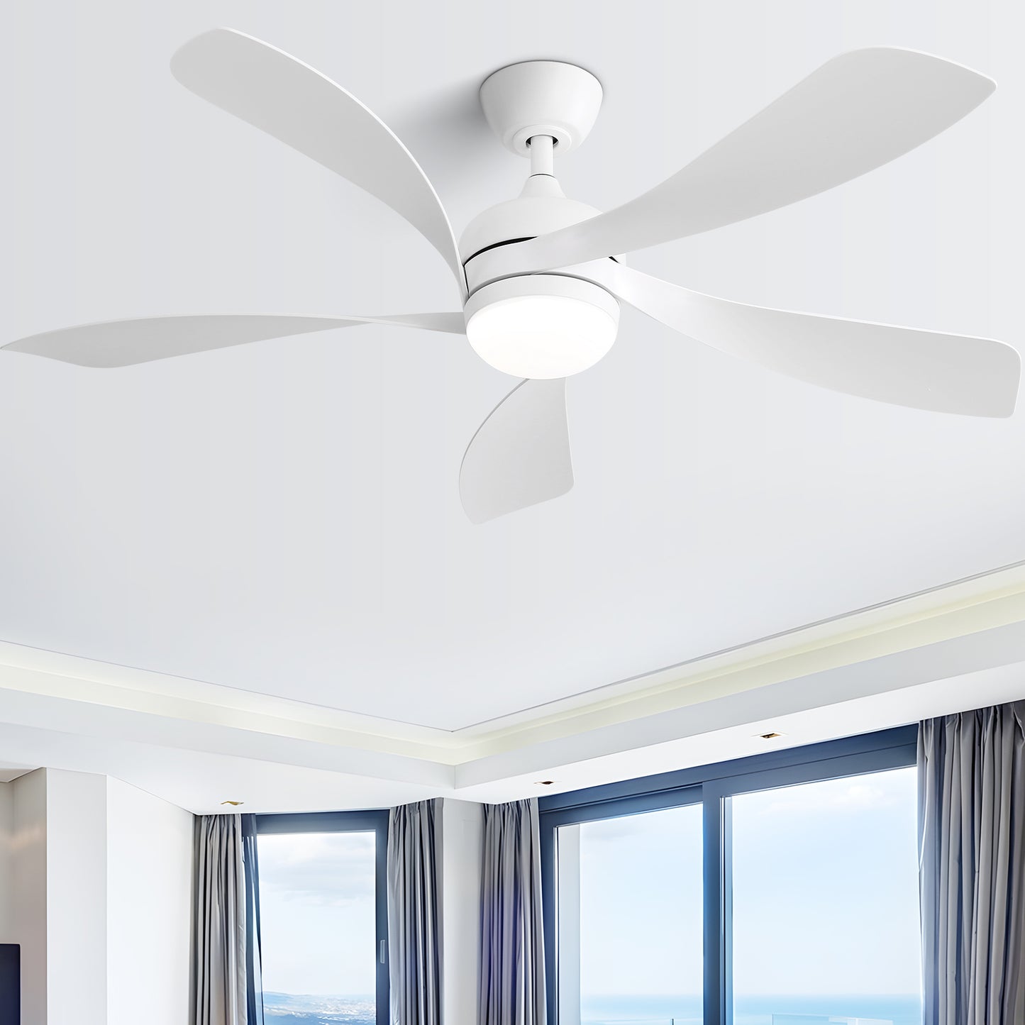 Quiet 52 Inch White Wooden Ceiling Fan with Remote Control and LED Light