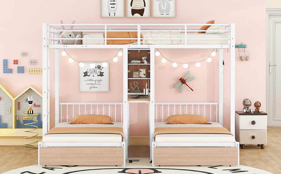 Triple Bunk Bed with White Metal Convertible Desk and Shelves