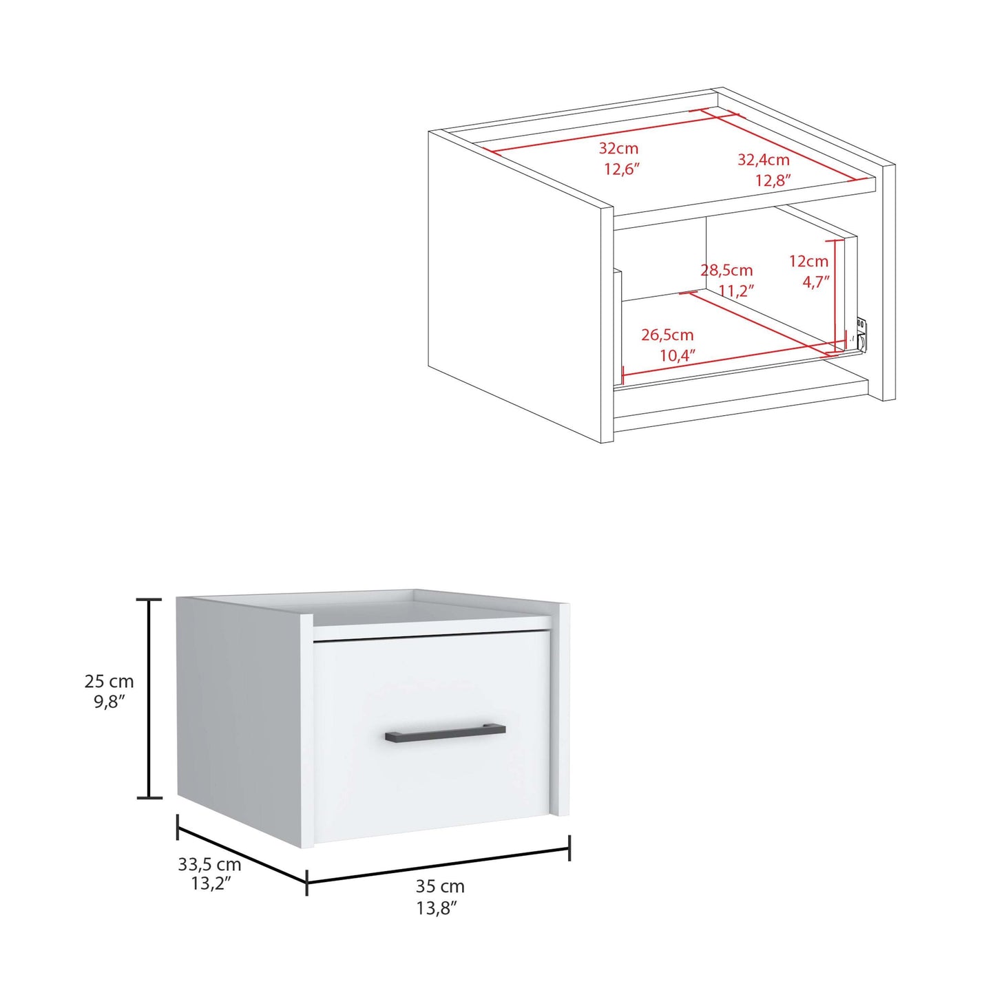 Boa Floating Nightstand, Wall-Mounted Single Drawer Design with Handle- White - Bedroom