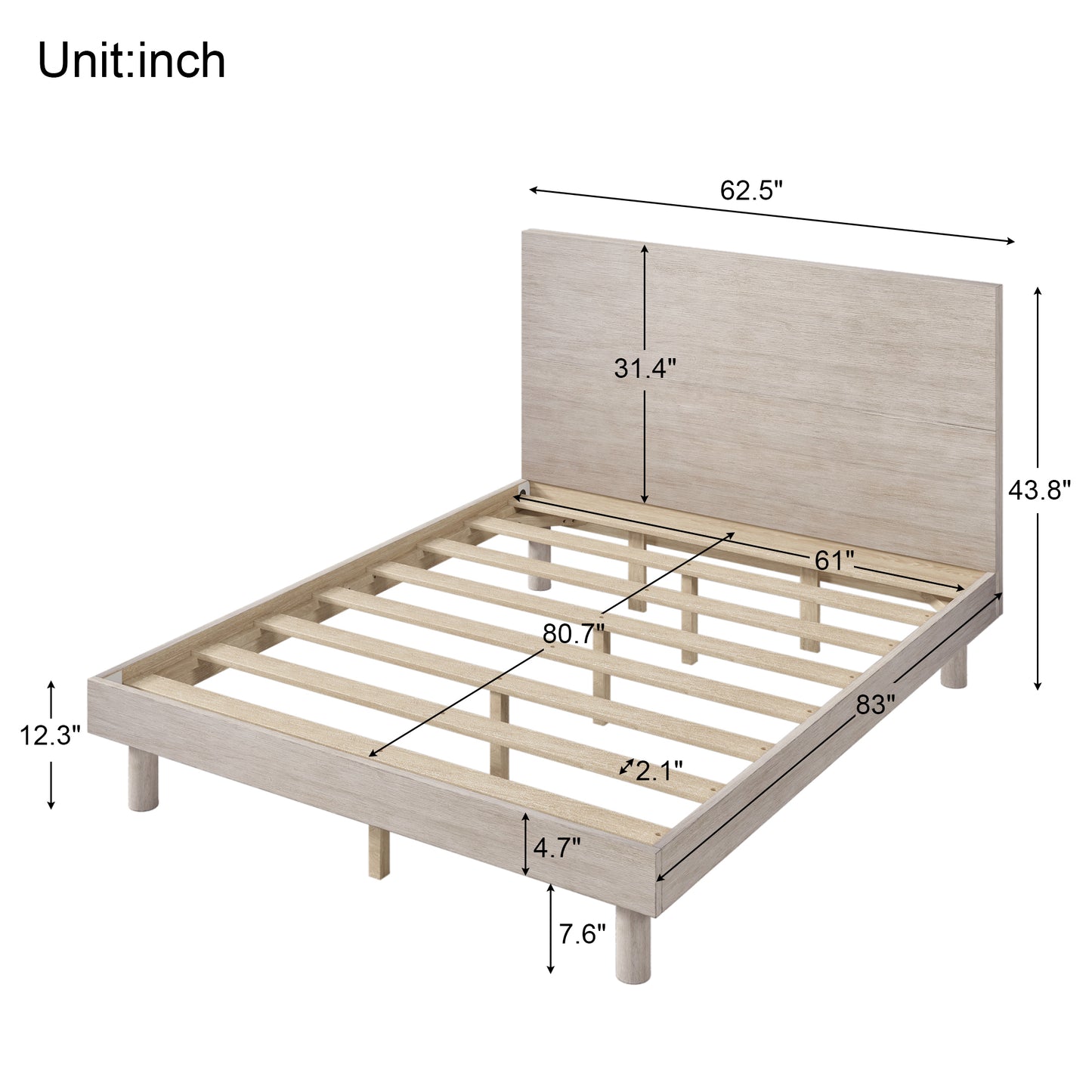 Modern Concise Style Solid Wood Grain Platform Bed Frame, Queen, Stone Gray