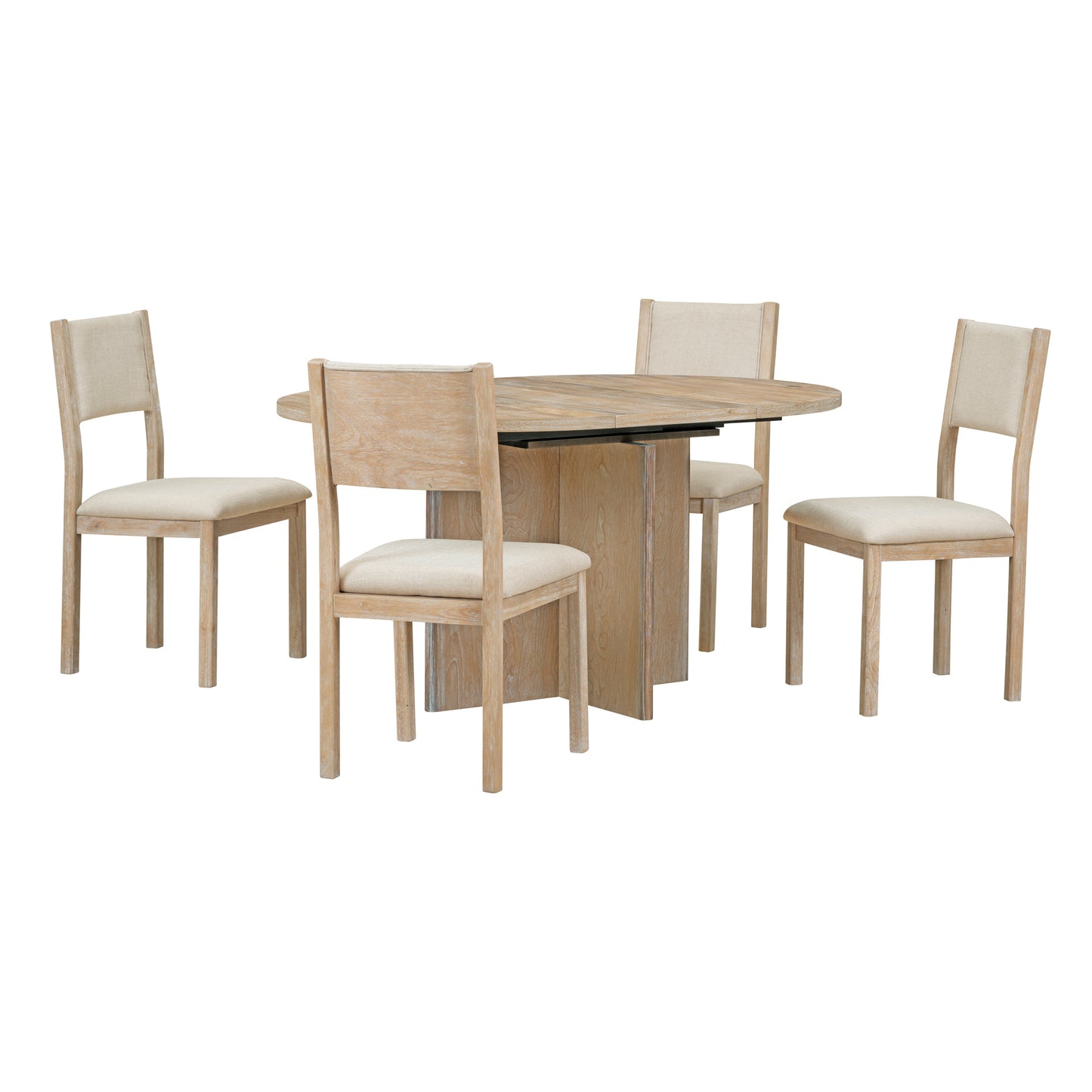 TREXM 5-Piece Retro Functional Dining Set, 1 Extendable Table with a 16-inch Leaf and 4 Upholstered Chairs for Dining Room and Kitchen (Natural)