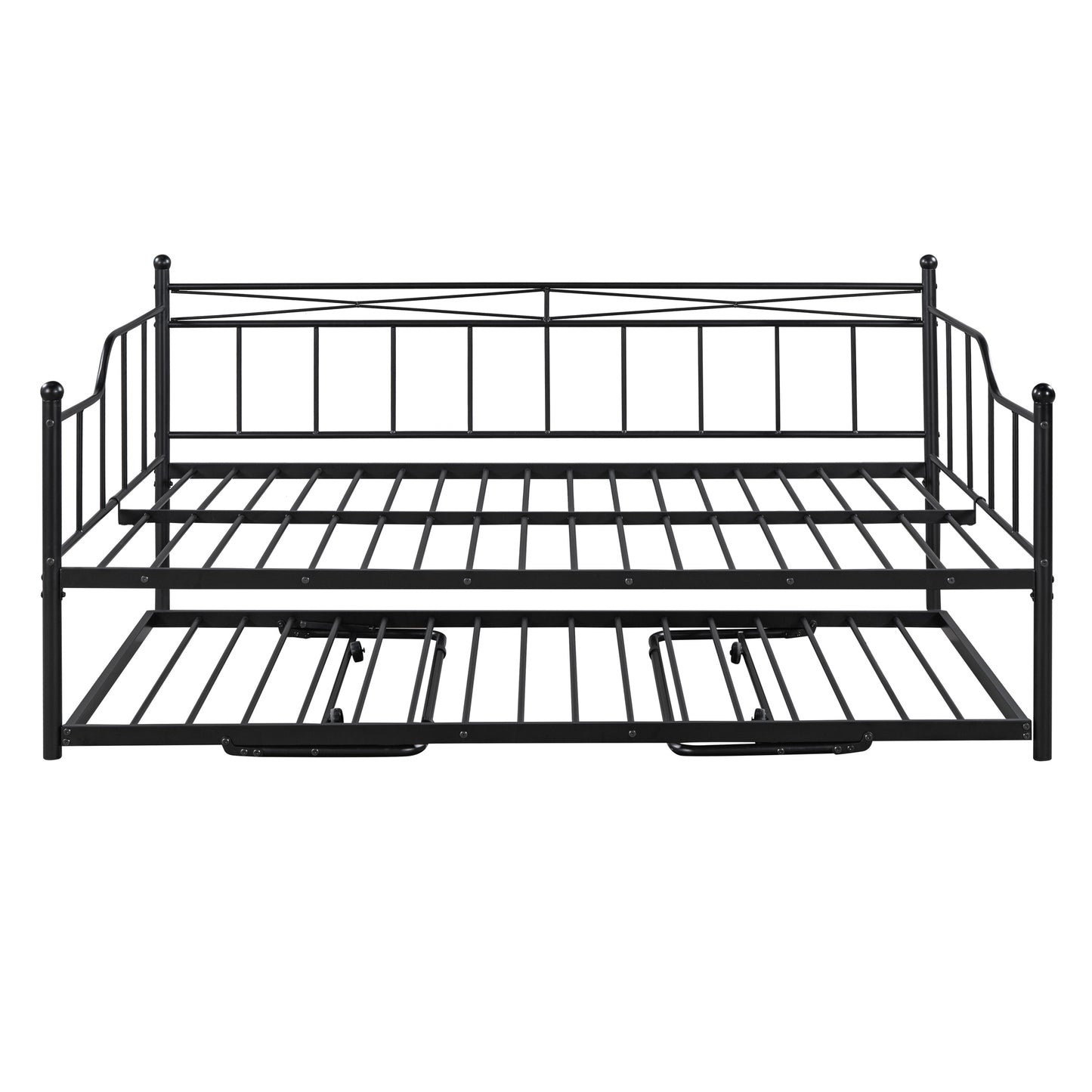 Full Size Metal Daybed with Twin Size Adjustable Trundle, Portable Folding Trundle, Black