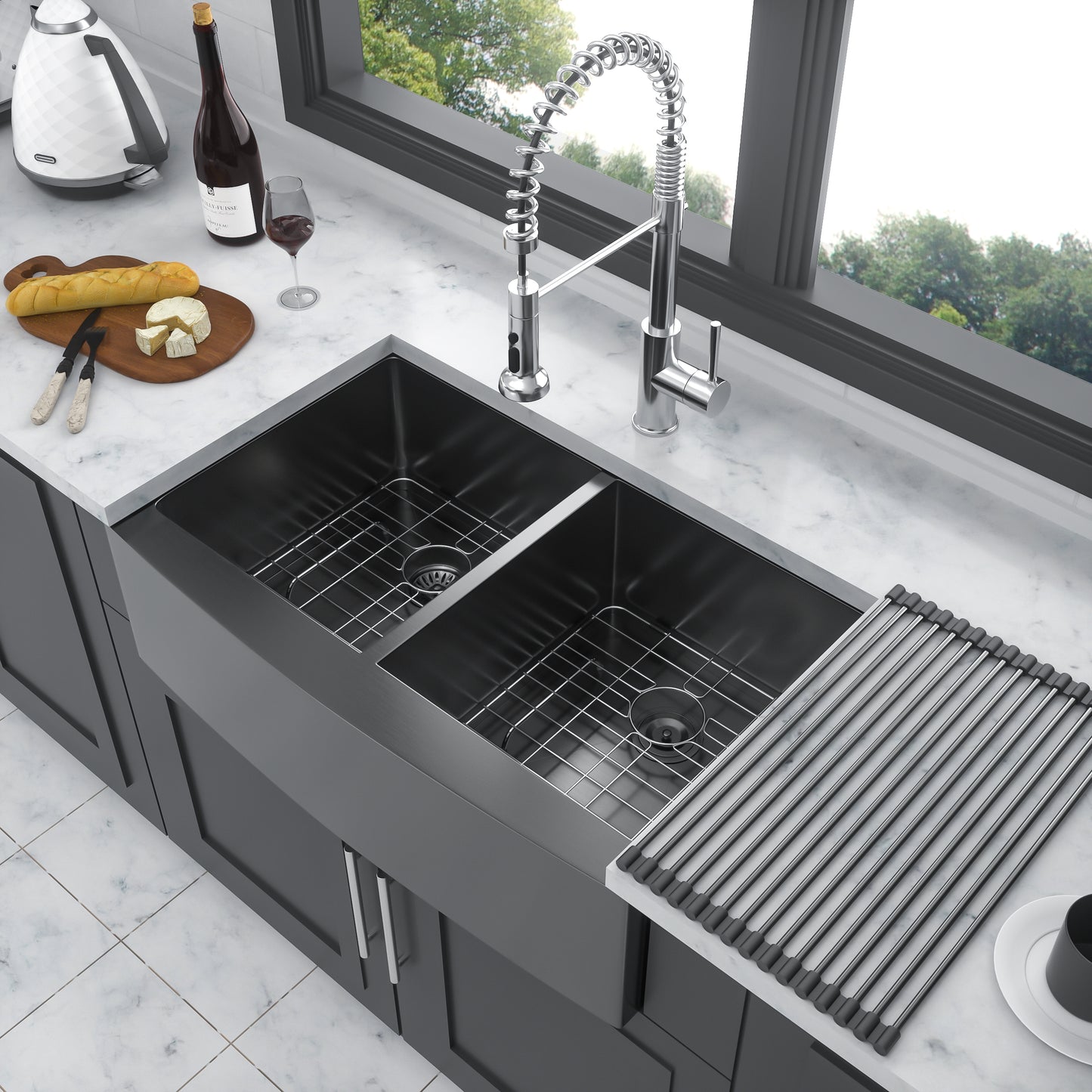 Gunmetal Black Dual Basin Stainless Steel Farmhouse Sink with X-Shaped Water Guide