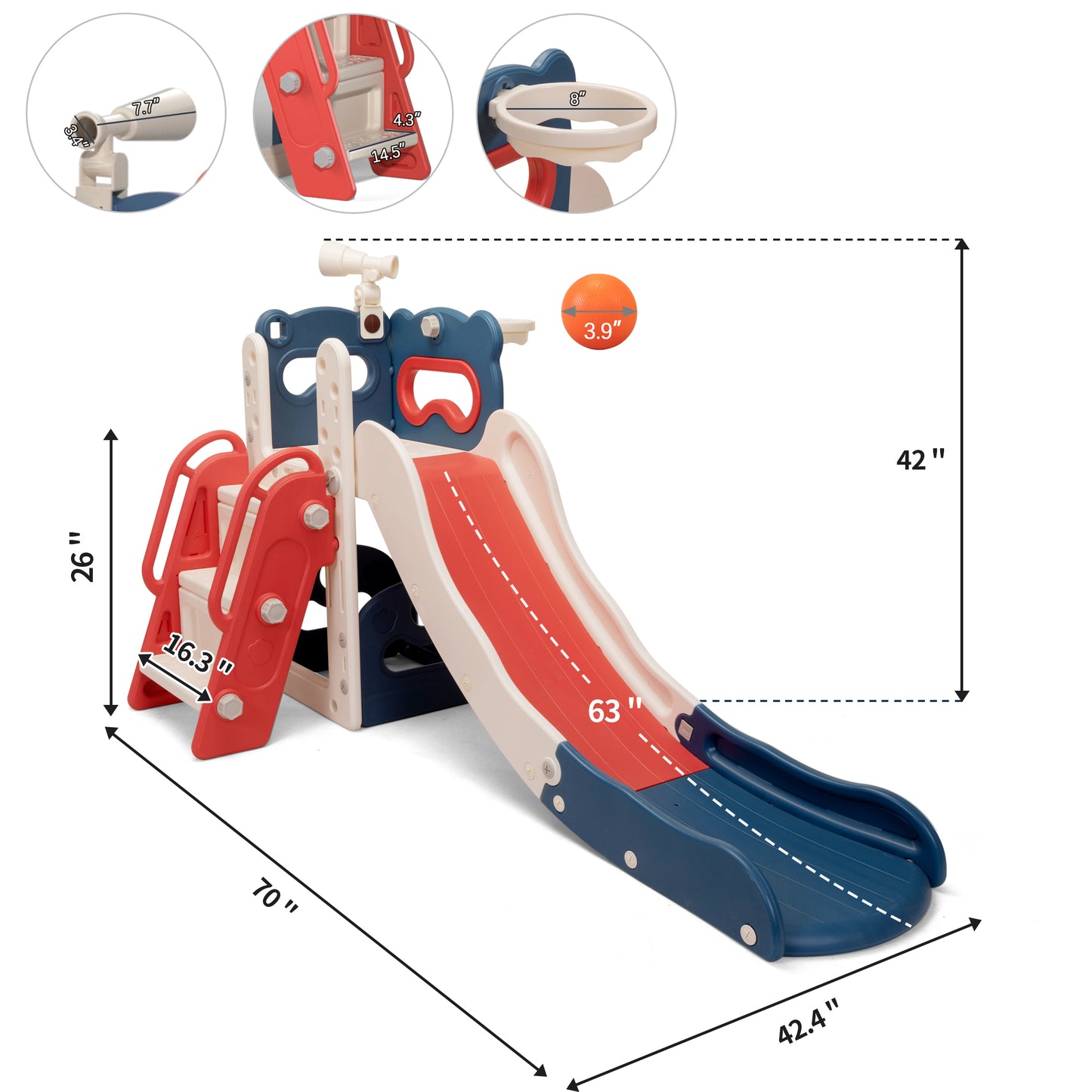 5-in-1 Kids Slide and Climber Playset with Basketball Hoop, Telescope, and Storage Space