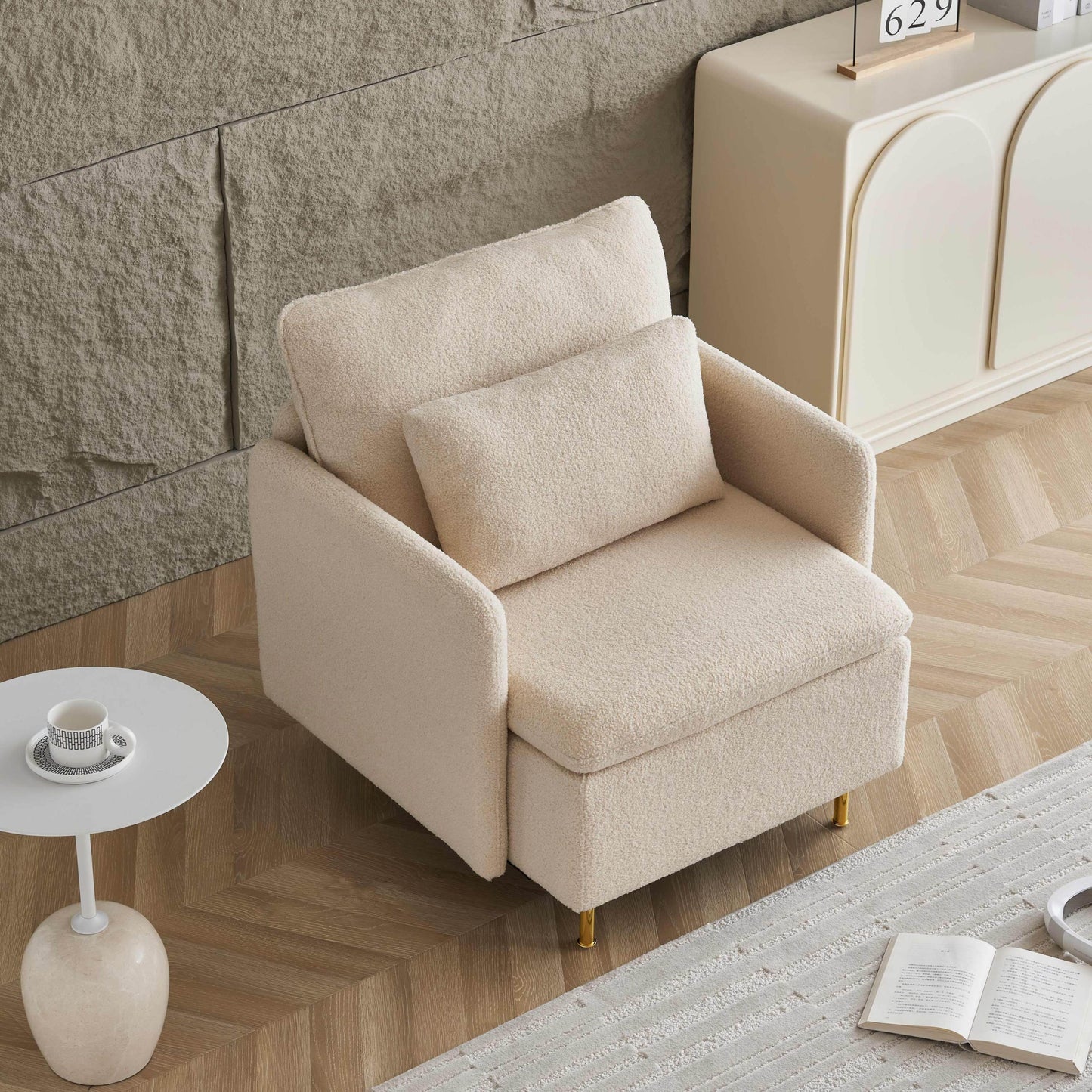 Modern Accent Chair, Sherpa Upholstered Cozy Comfy Armchair, Furry Reading Chair with Slim Armrest, Fuzzy Single Club Sofa Chairs for Living room Bedroom Waiting room Office Ivory