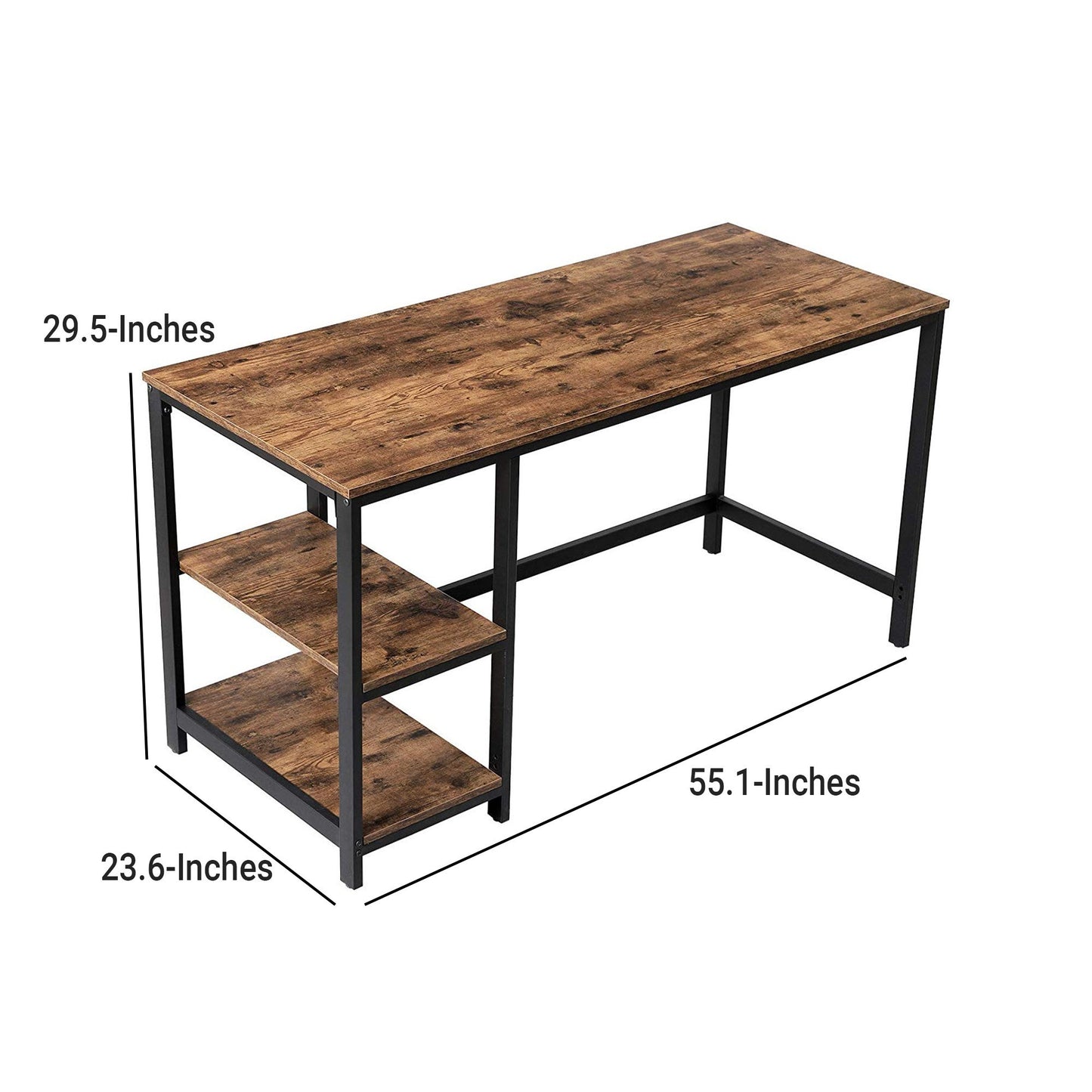 Industrial Style Wood and Metal Desk with 2 Shelves, Black/Brown