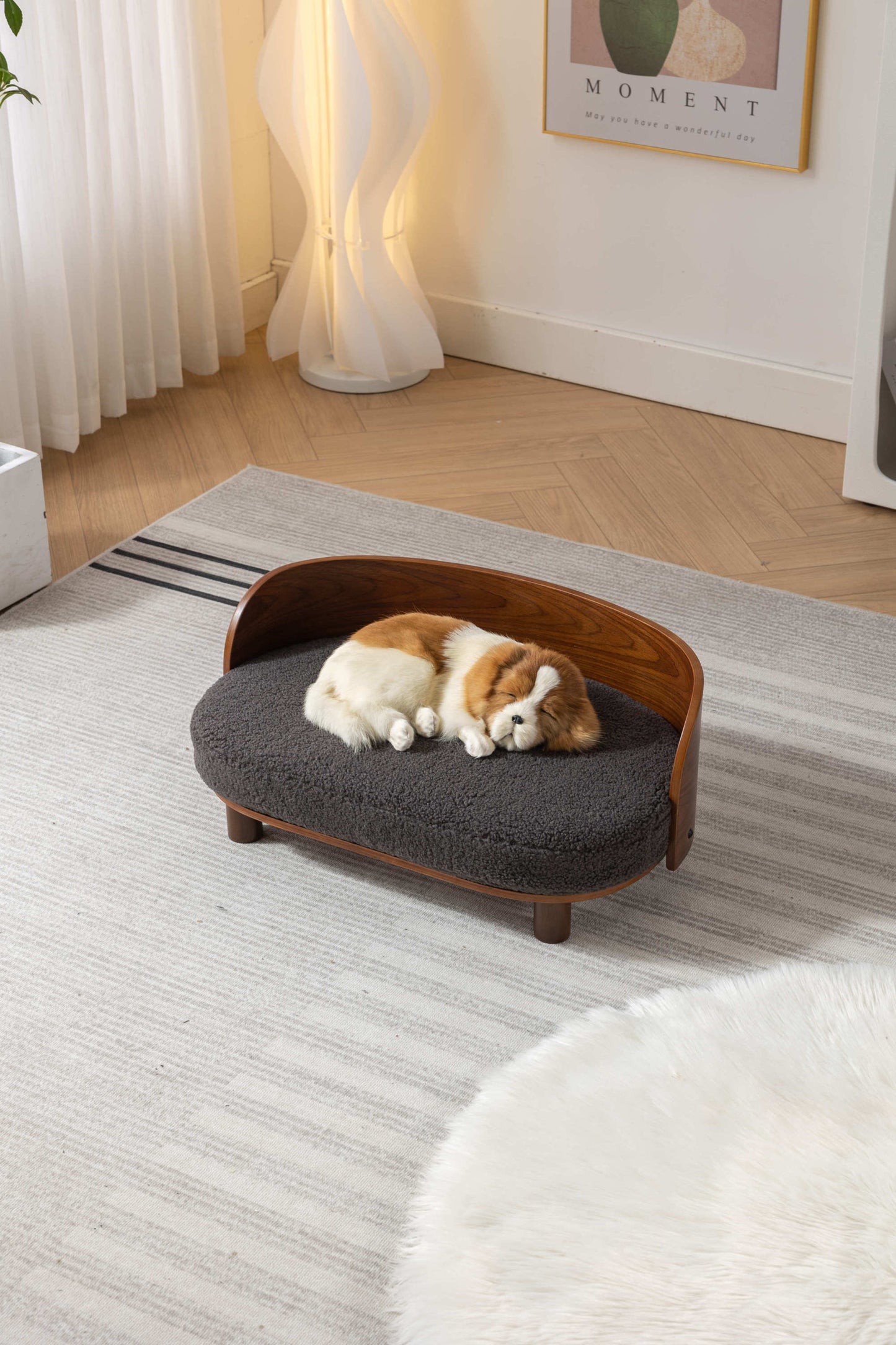 Scandinavian style Elevated Dog Bed Pet Sofa With Solid Wood legs and Bent Wood Back, cashmesh Cushion, Walnut wood, dark grey cashmere.