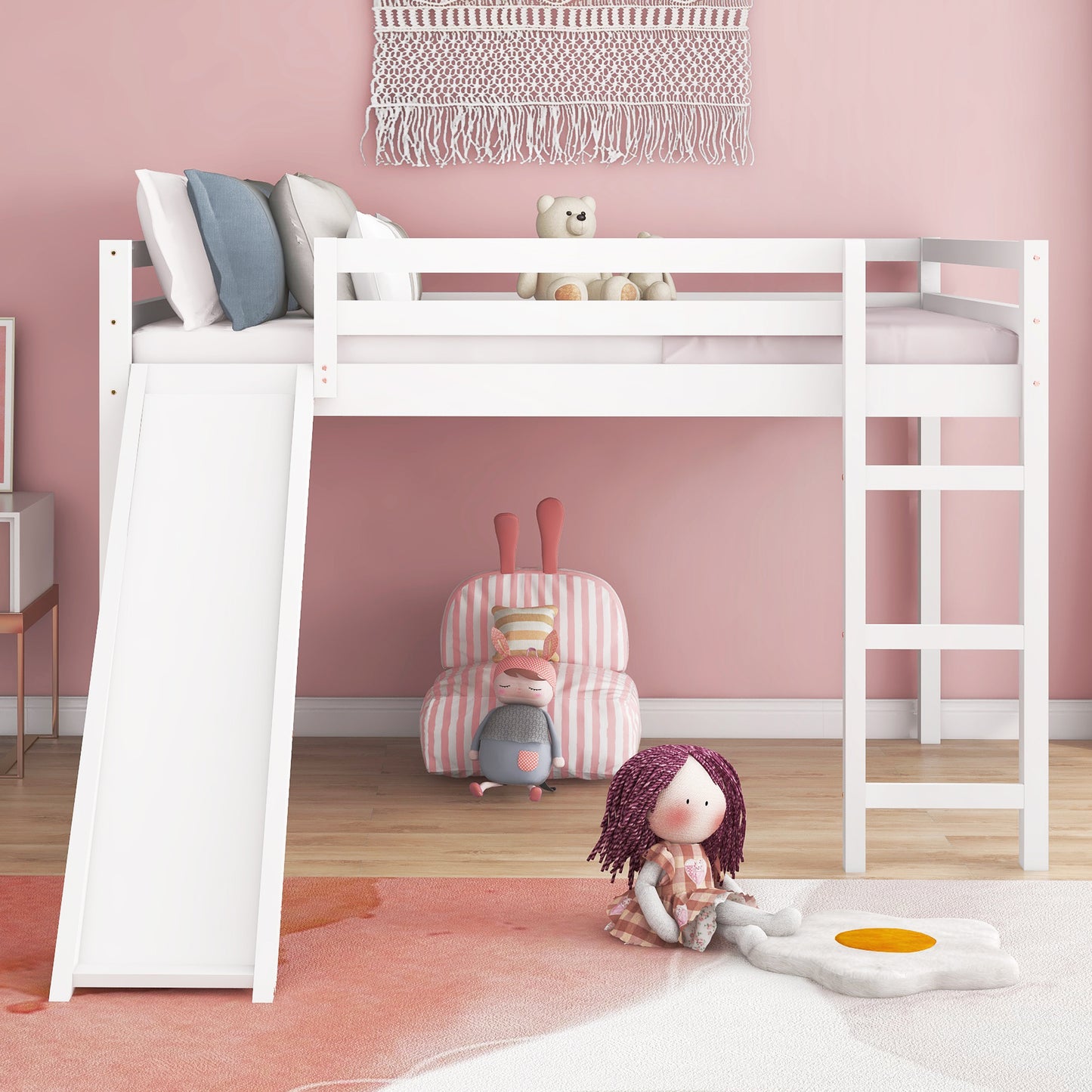 Loft Bed with Slide, Multifunctional Design, Full (White)( :WF281157AAK)