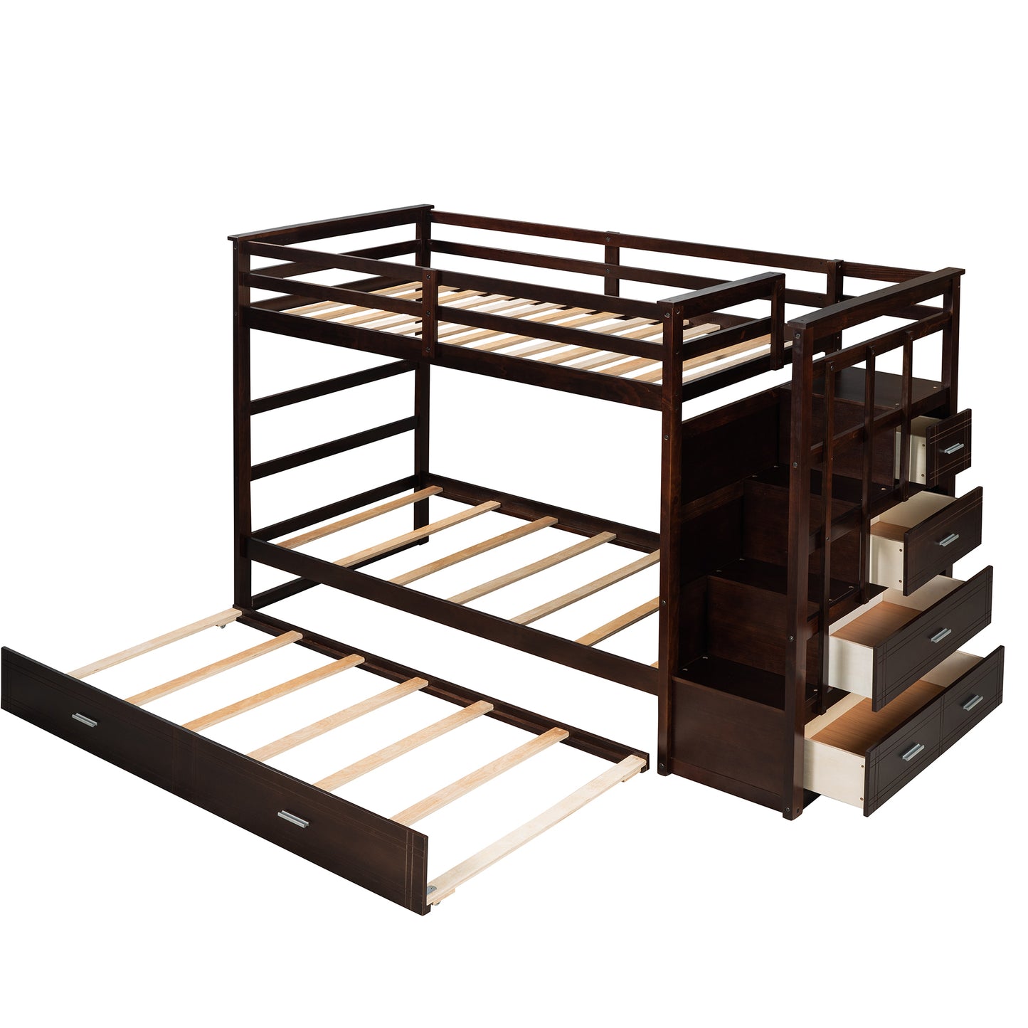 Stylish Espresso Wooden Twin Bunk Bed with Trundle and Staircase