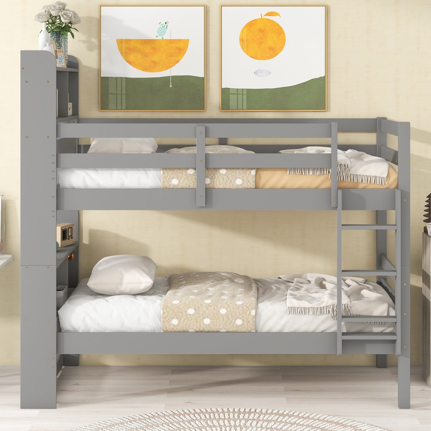 Convertible Rustic Grey Twin Over Twin Bunk Beds with Bookcase Headboard