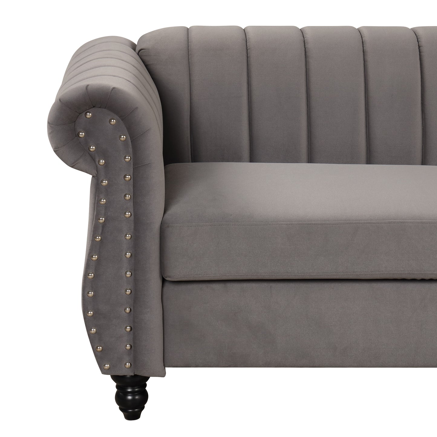 Contemporary Gray Upholstered Sofa with Buttoned Tufted Backrest and Solid Wood Legs