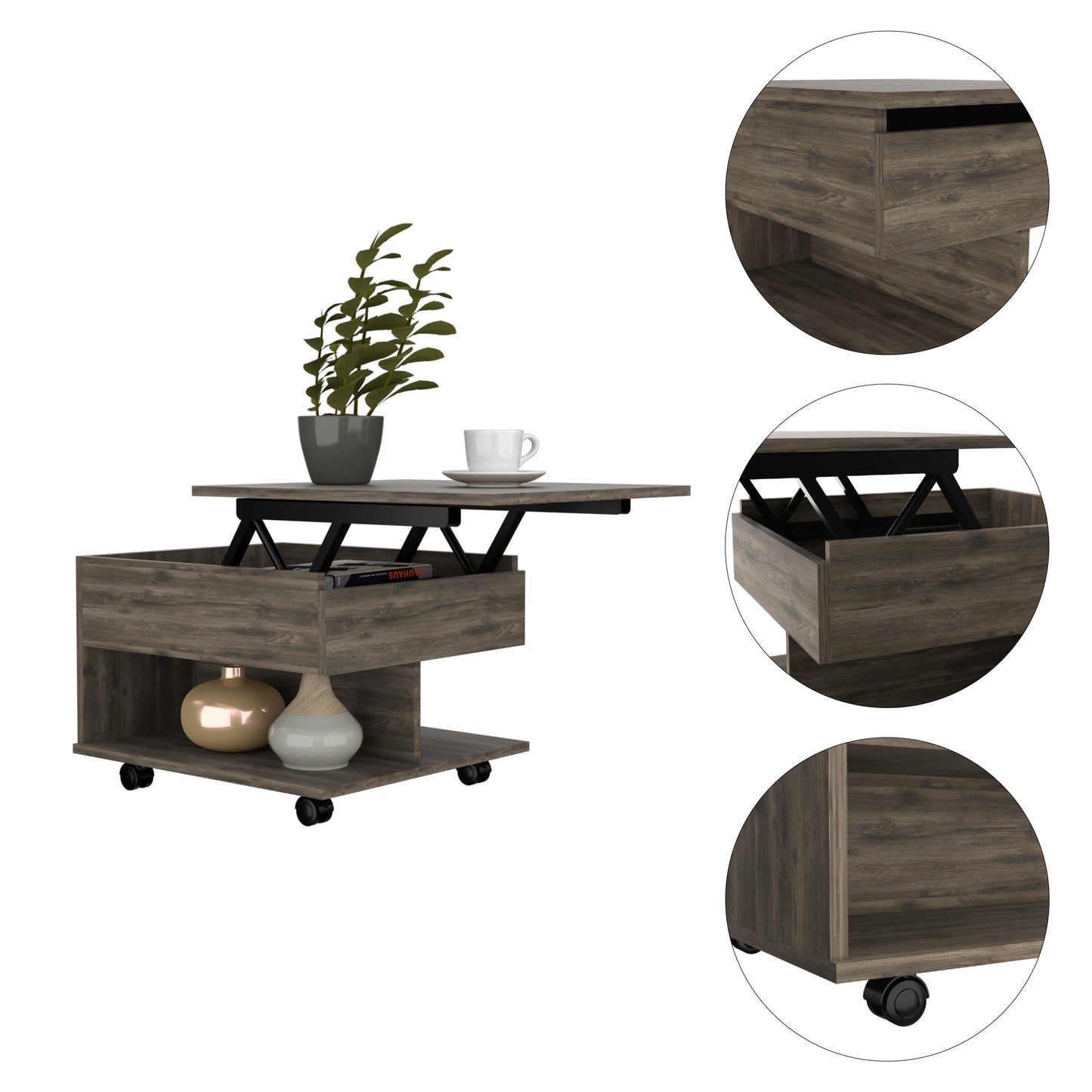 Peterson Lift Top Coffee Table in Dark Brown with Hidden Storage