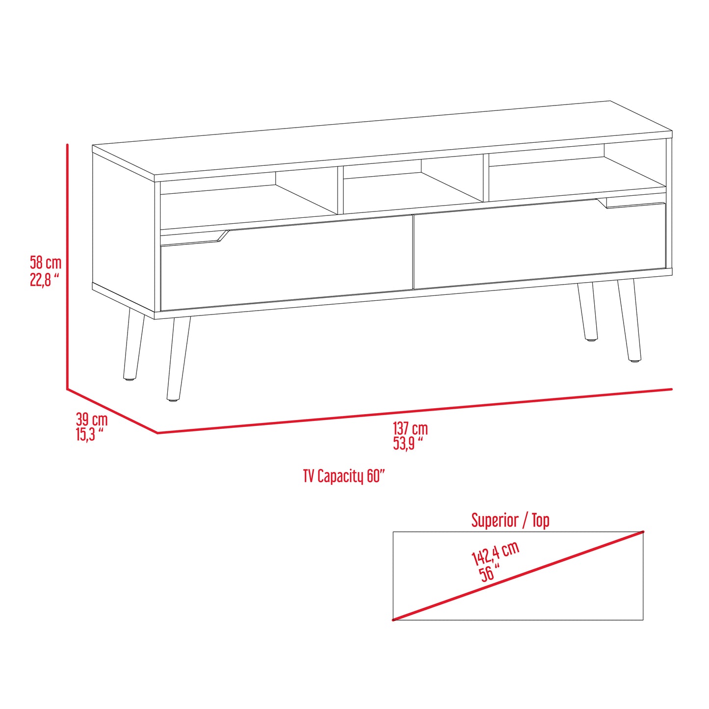 Dark Walnut TV Stand with 2 Drawers and 3 Shelves in New Haven Style