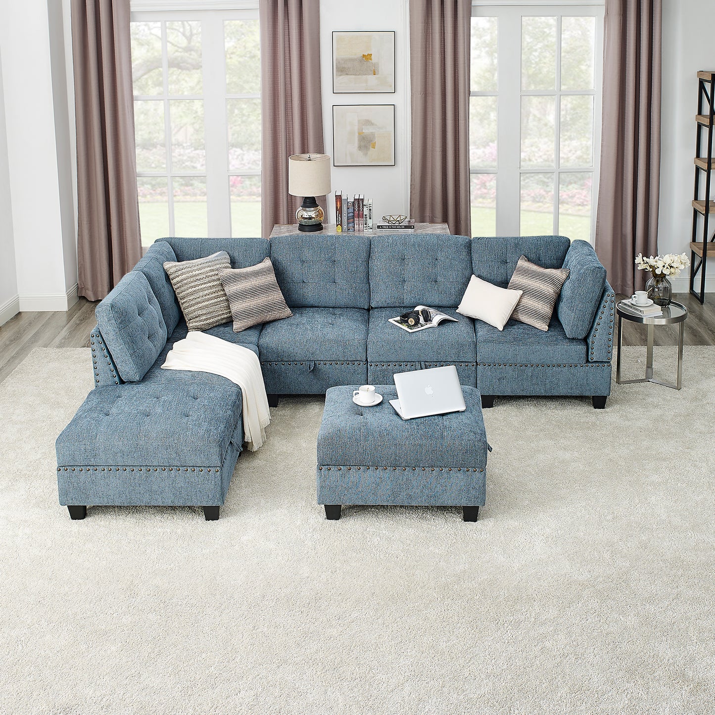 Navy Blue L Shape Modular Sectional Sofa with DIY Combination