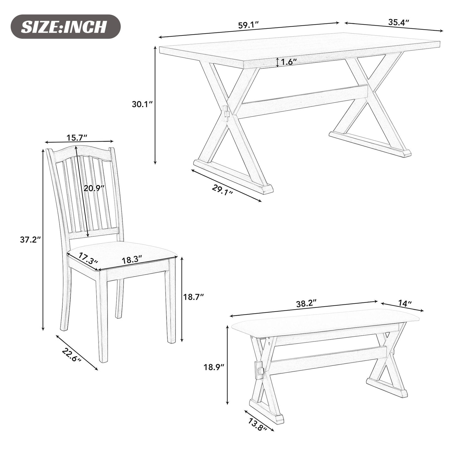 TREXM 6-Piece Rustic Dining Set, Rectangular Trestle Table and 4 Upholstered Chairs & Bench for Dining Room (Gray)