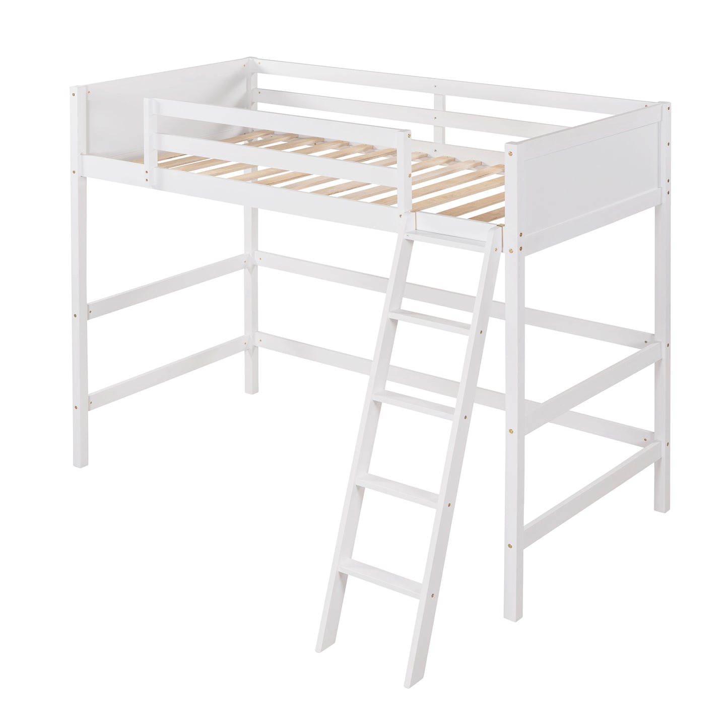 Solid Wood Twin Size Loft Bed with Ladder(White)(: WF191903AAK)