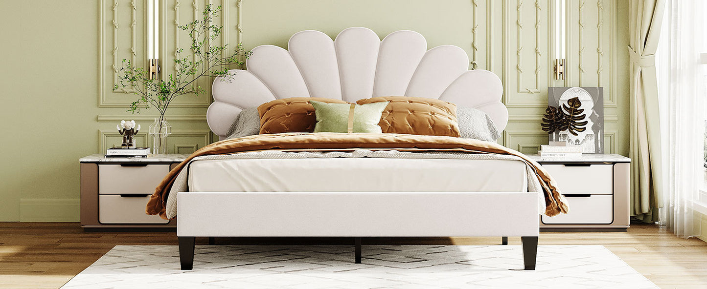 Queen Size Upholstered Platform Bed with Flower Pattern Velvet Headboard, Beige