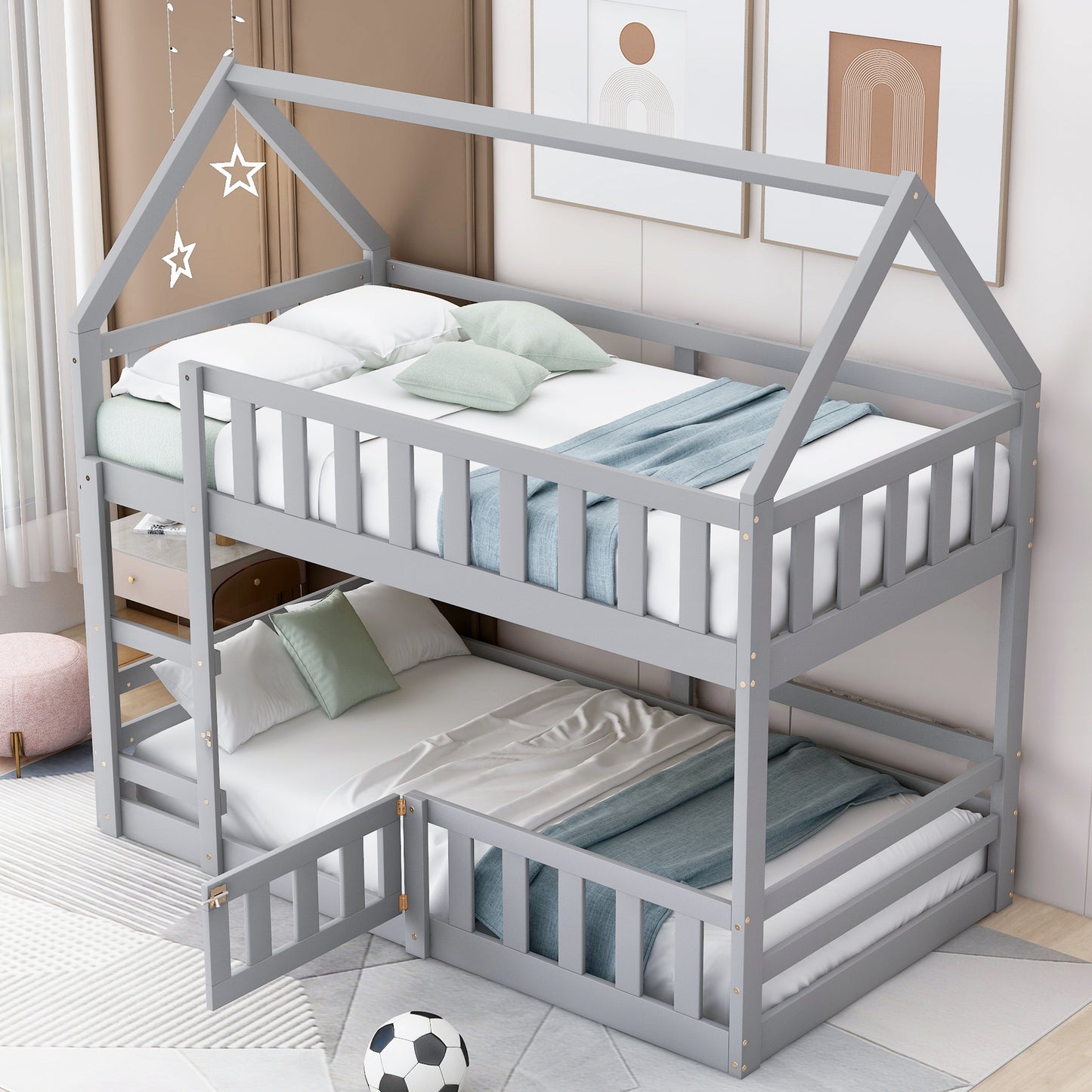 Twin House Bunk Bed with Gray Fence and Door