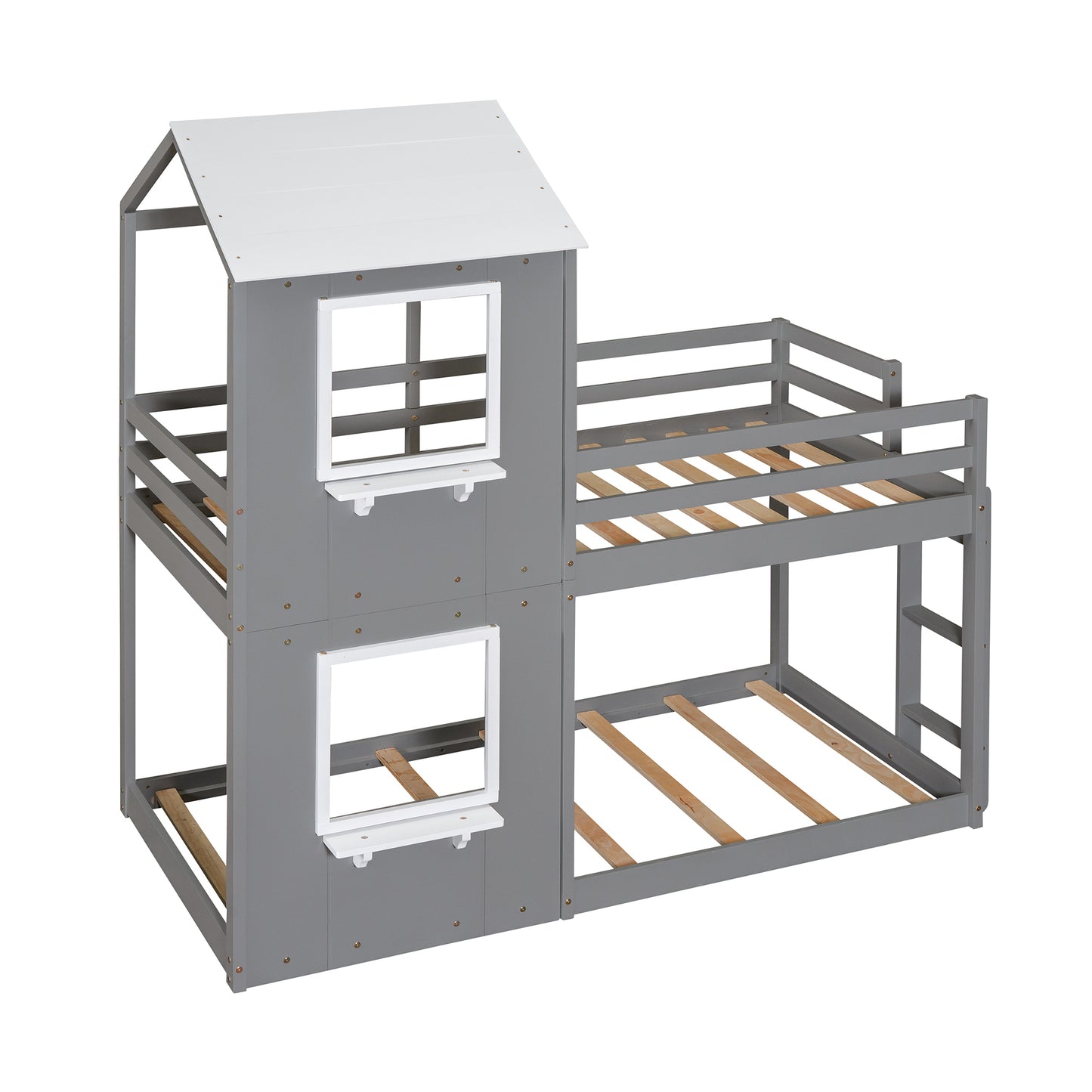 Twin Over Twin Playhouse Bunk Bed with Pitched Roof and Window (White)