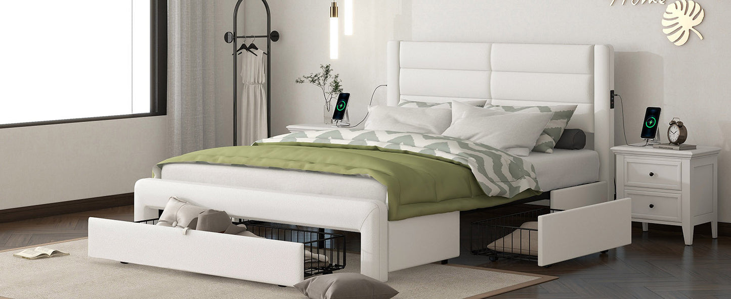 Queen Size Bed Frame with Drawers Storage, Leather Upholstered Platform Bed with Charging Station, White (Expect arrive date Jan. 12th. 2024)