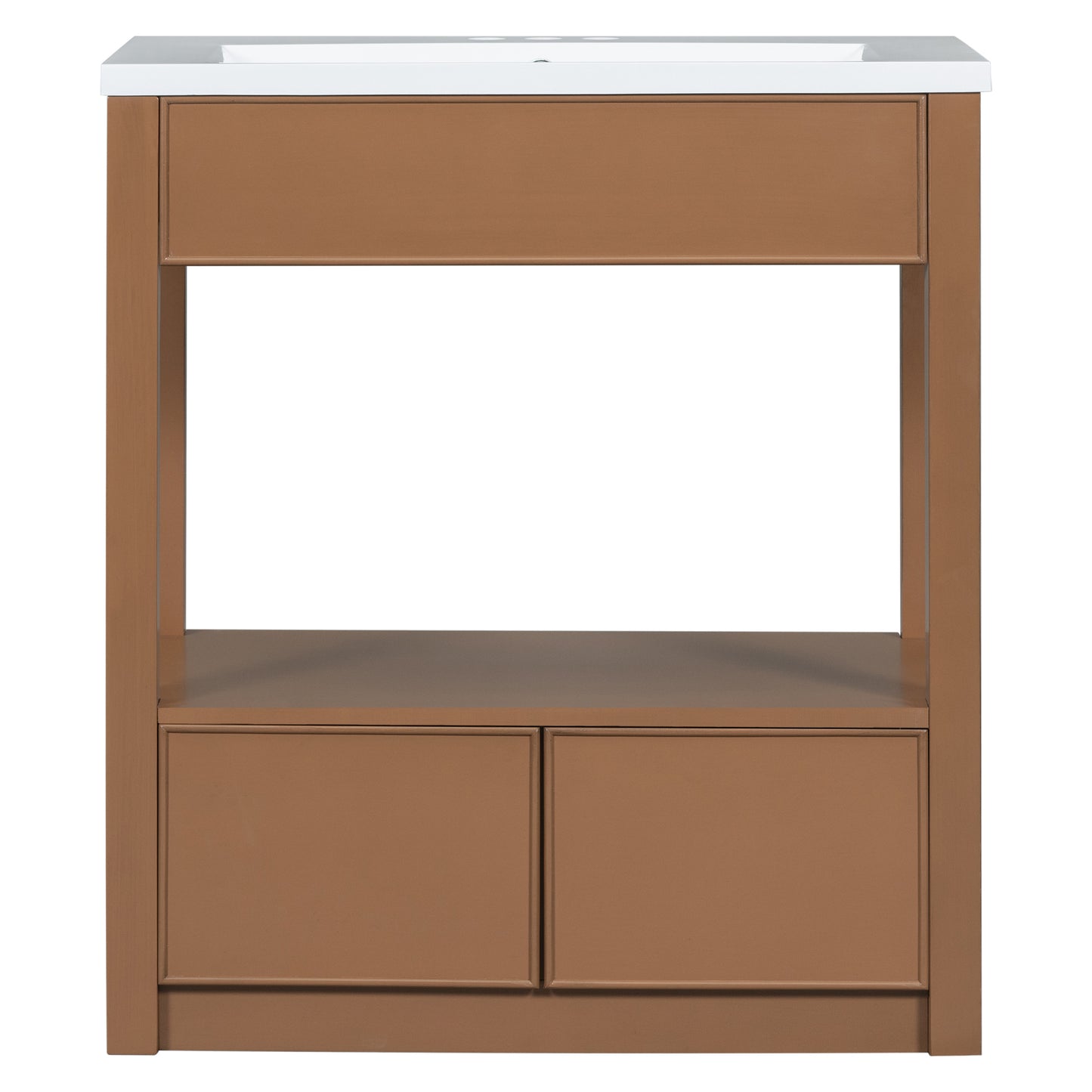 30" Bathroom Vanity with Sink Top, Bathroom Cabinet with Open Storage Shelf and Two Drawers, Brown