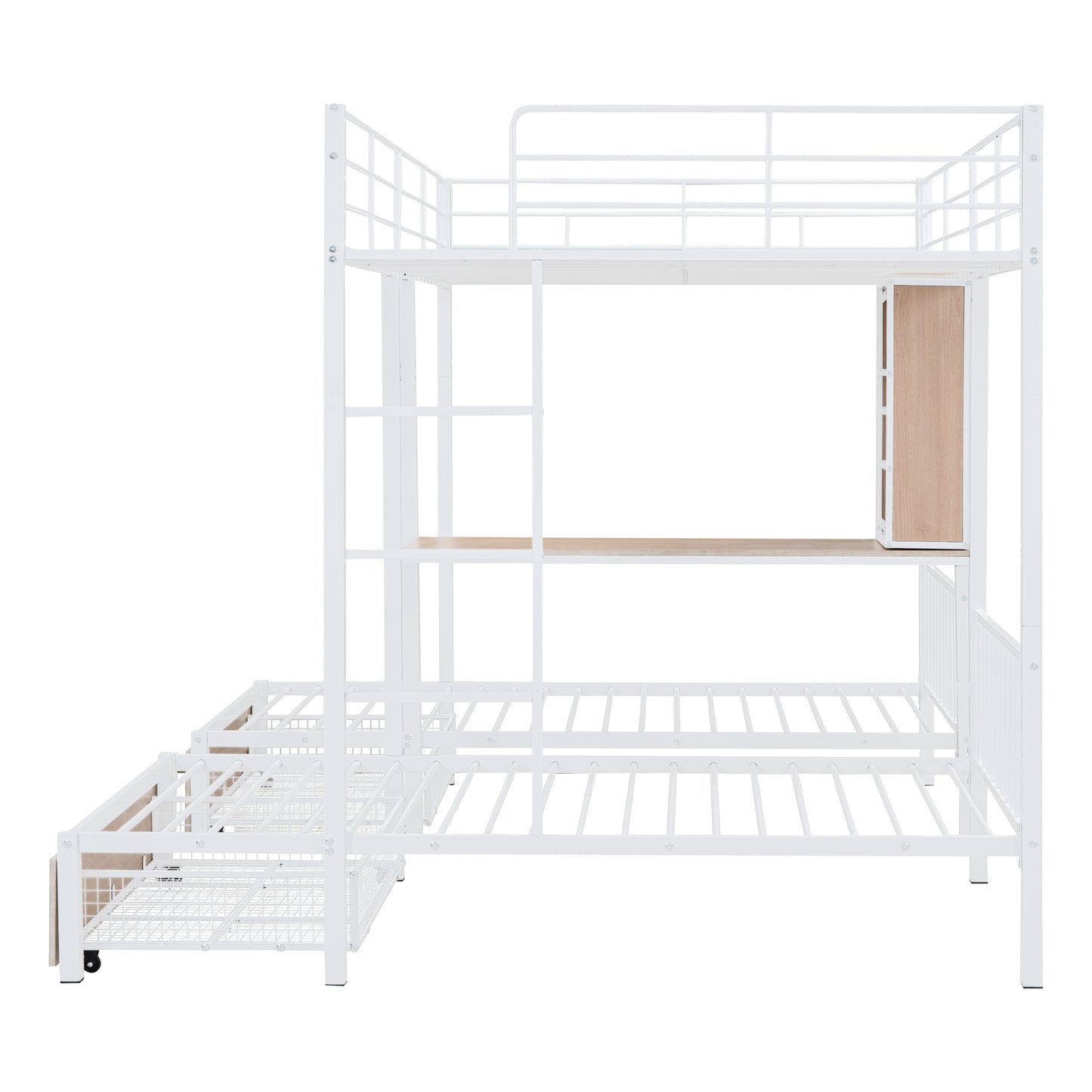 Triple Bunk Bed with White Metal Convertible Desk and Shelves