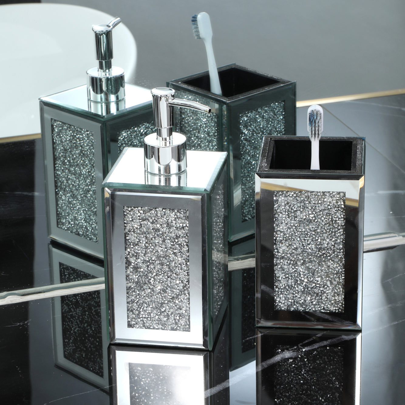 Elegant Glass Bathroom Soap Dispenser and Toothbrush Holder Set with Sophisticated Ambrose Design