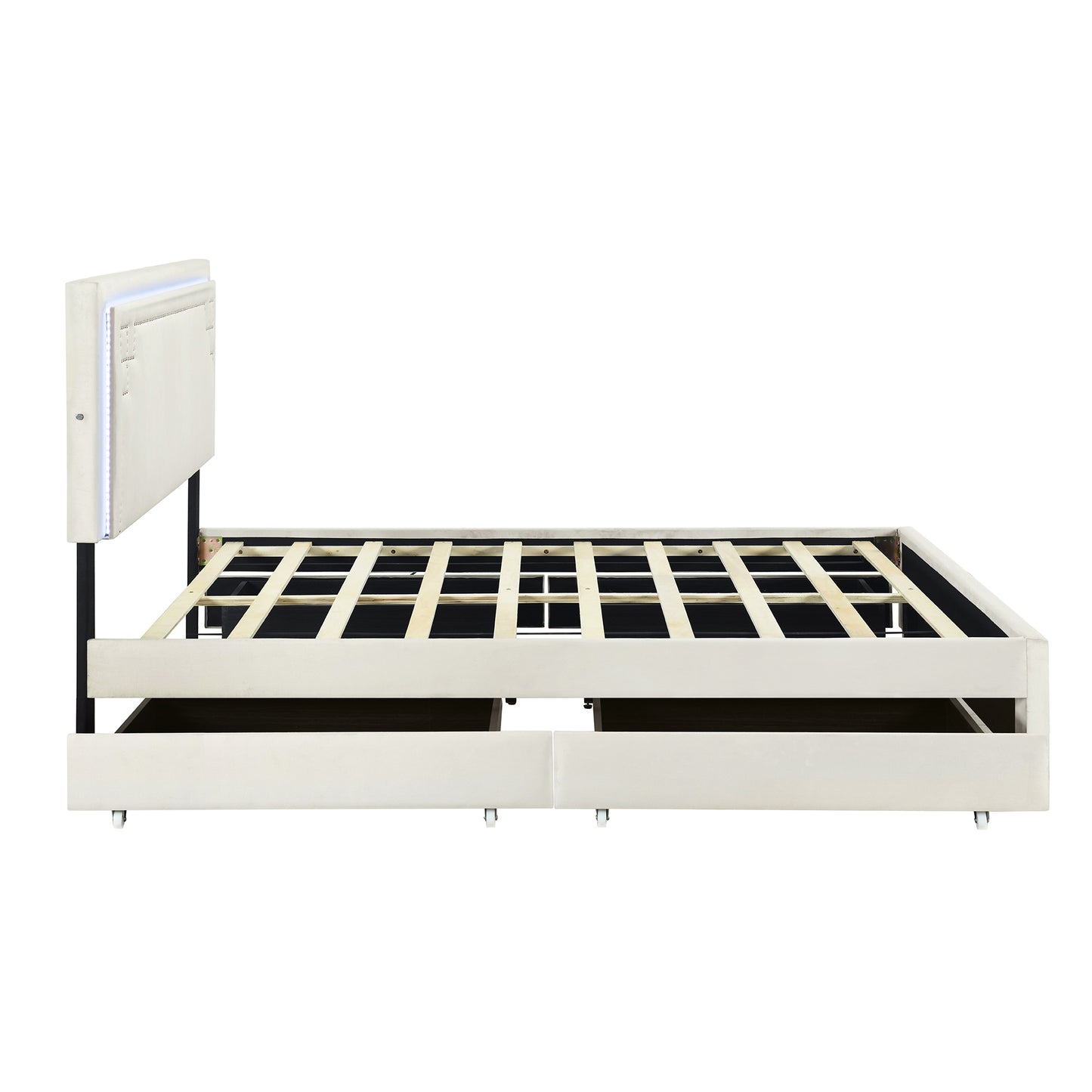 Queen Size Upholstered Platform Bed with Rivet-decorated Headboard, LED bed frame and 4 Drawers, Beige