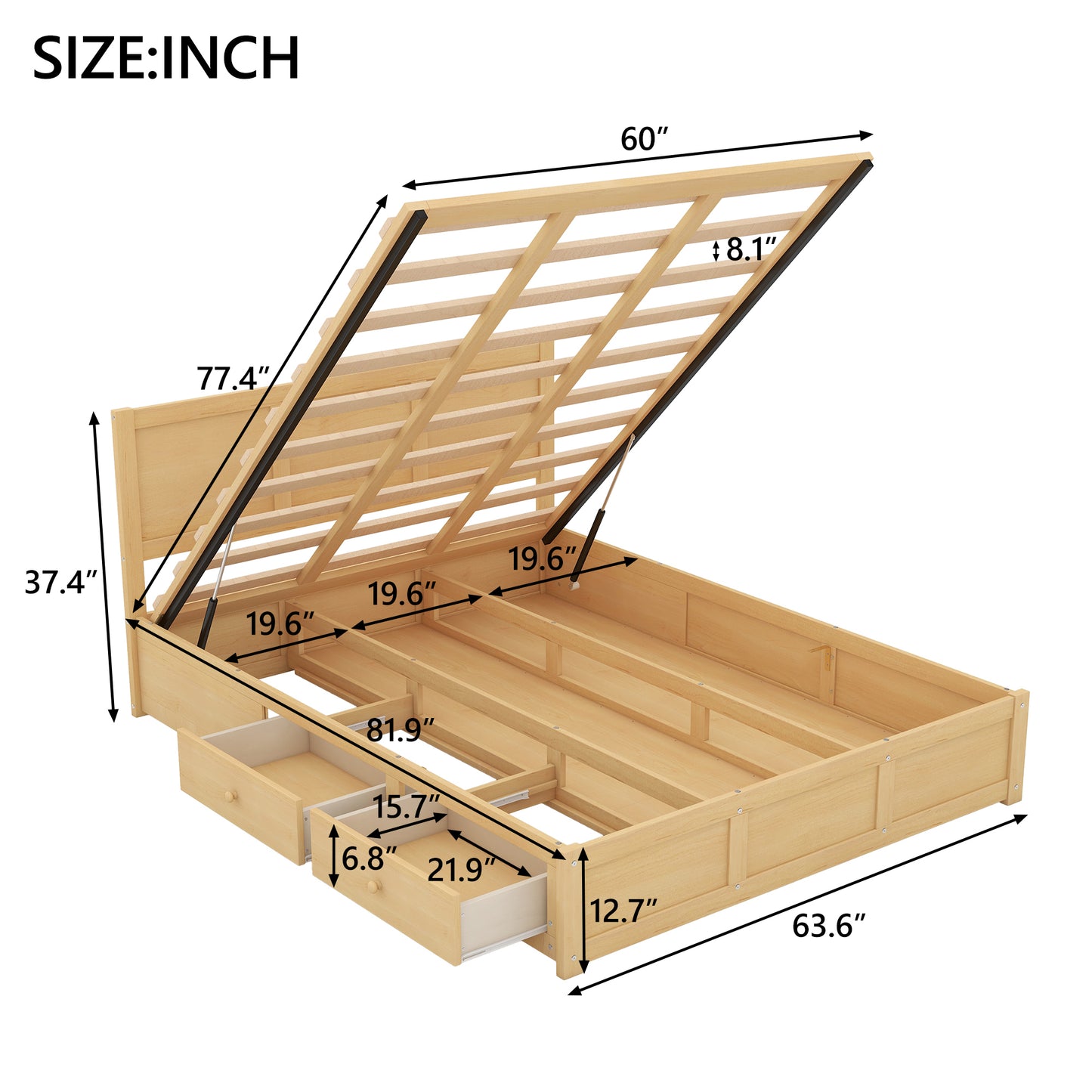 Queen Size Wood Platform Bed with Underneath Storage and 2 Drawers, Wood Color