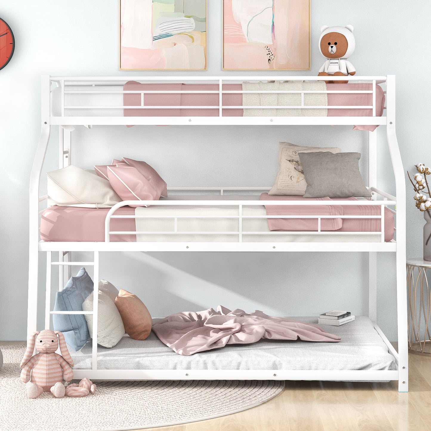 White Triple Bunk Bed with Twin XL/Full XL/Queen Sizes for Family-Friendly Spaces