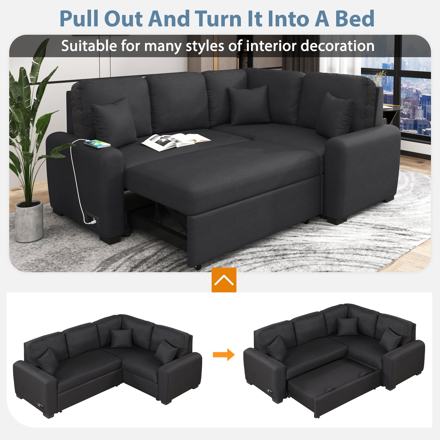 Sleeper Sectional Sofa with USB Charging Port and Plug Outlet, Pull-Out Bed with 3 Pillows, L-Shape Chaise for Small Living Spaces, Black